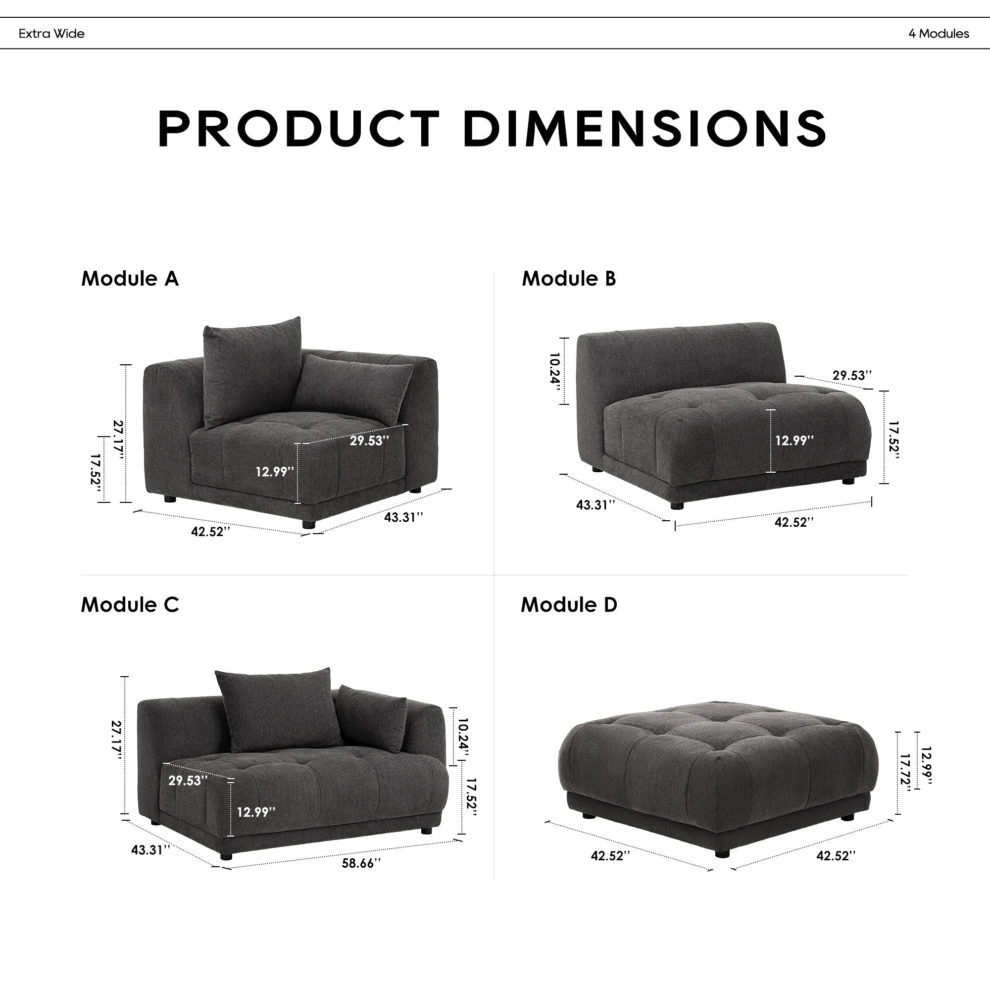 Canapé modulaire Cloud 144 avec pouf - Canapé de salon en tissu chenille moelleux