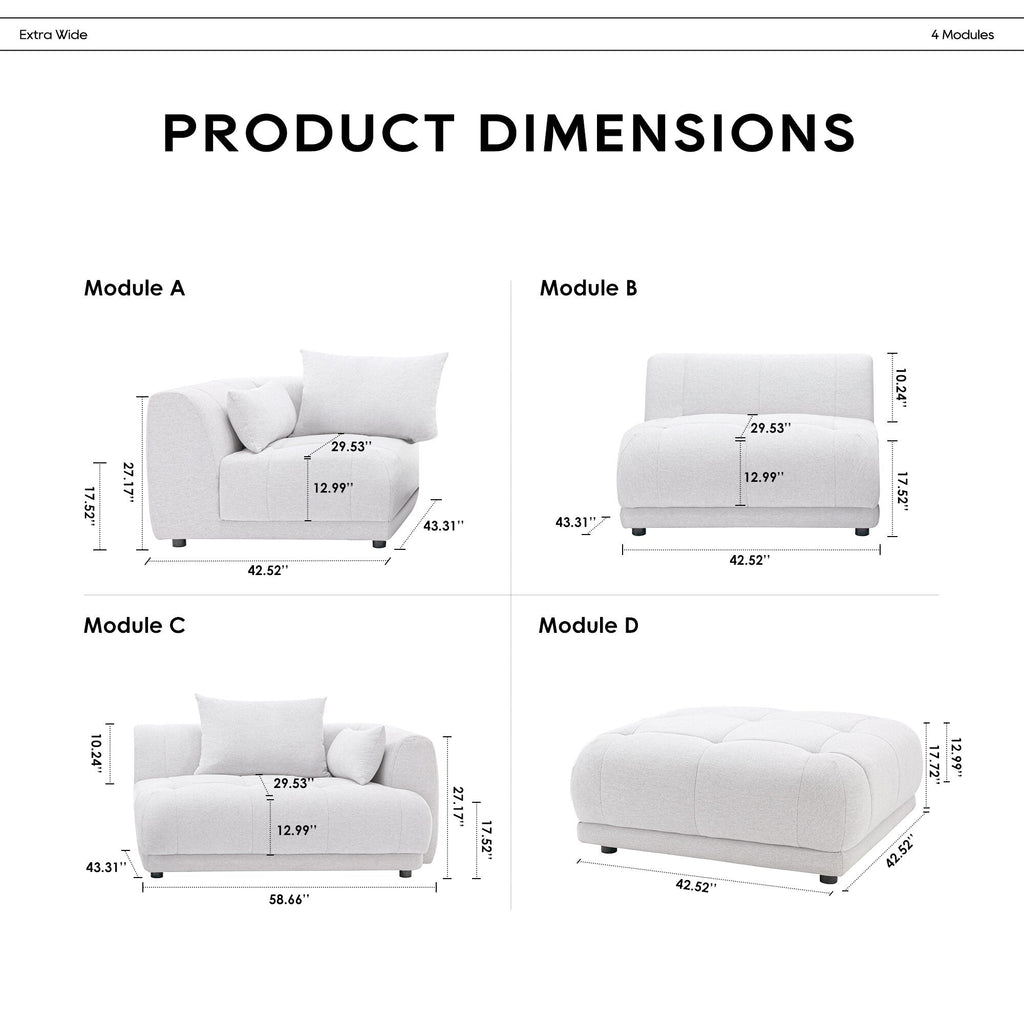 Canapé modulaire Cloud 144 avec pouf - Canapé de salon en tissu chenille moelleux