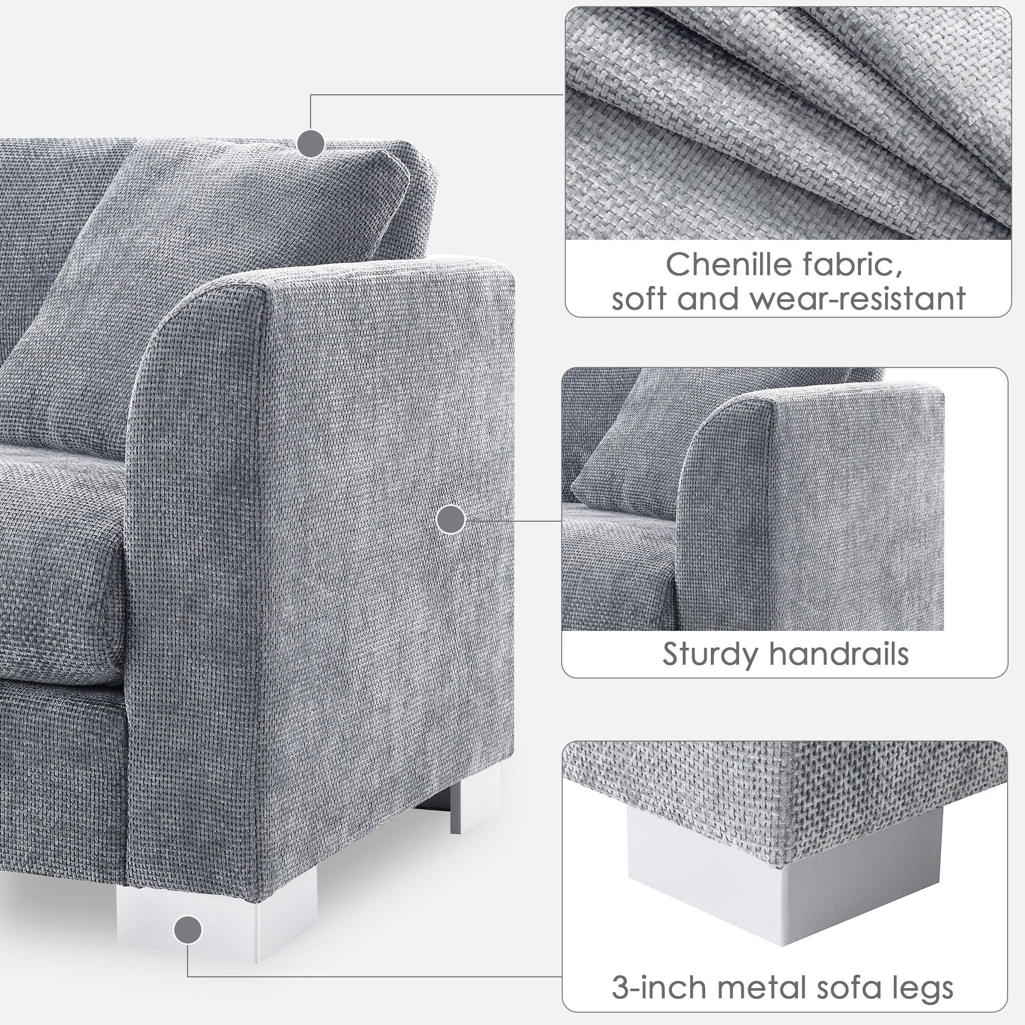 Canapé sectionnel Cloud, ensemble de canapés de luxe en forme de L avec 2 oreillers gratuits, mobilier d'intérieur 4 places en chenille avec méridienne surdimensionnée