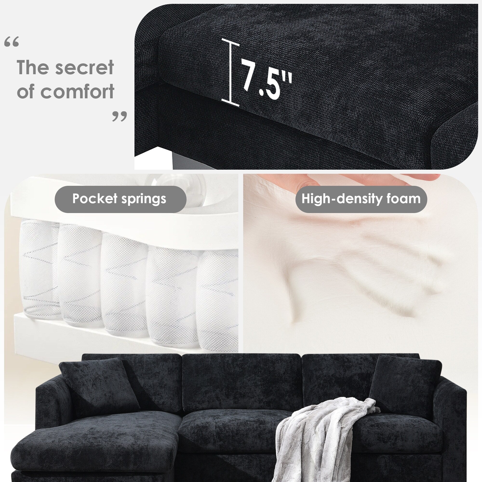 Canapé sectionnel Cloud, ensemble de canapés de luxe en forme de L avec 2 oreillers gratuits, mobilier d'intérieur 4 places en chenille avec méridienne surdimensionnée