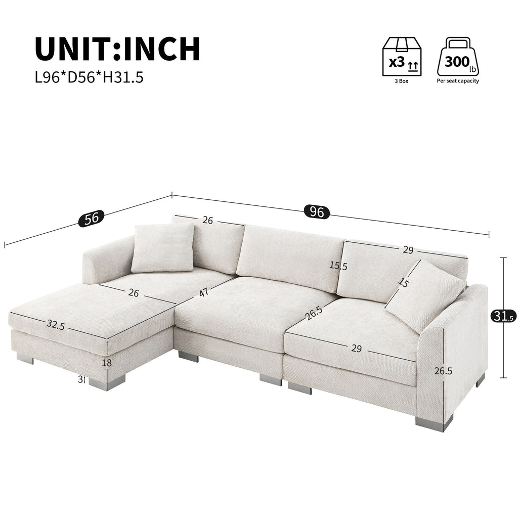 Canapé sectionnel Cloud, ensemble de canapés de luxe en forme de L avec 2 oreillers gratuits, mobilier d'intérieur 4 places en chenille avec méridienne surdimensionnée