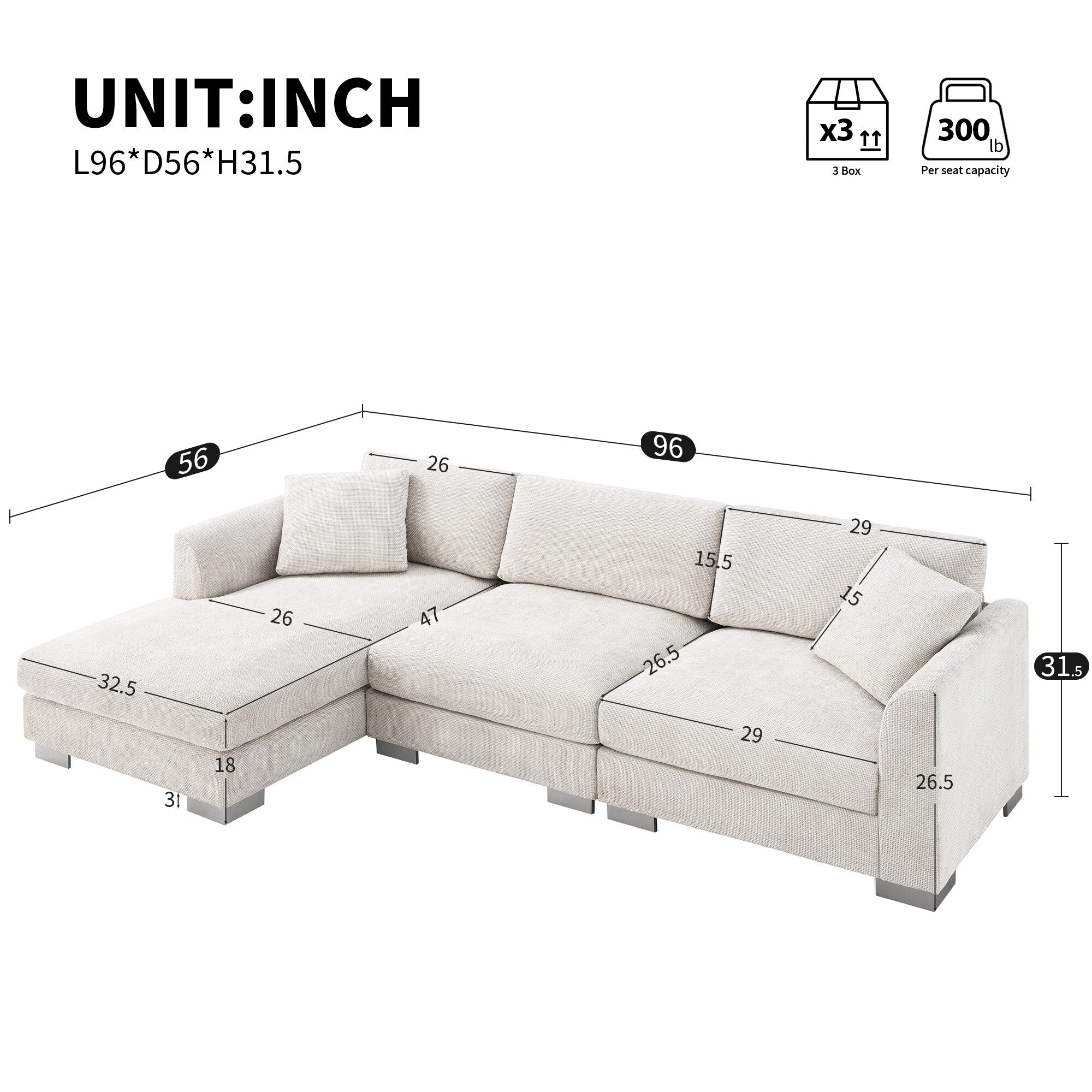 Canapé sectionnel Cloud, ensemble de canapés de luxe en forme de L avec 2 oreillers gratuits, mobilier d'intérieur 4 places en chenille avec méridienne surdimensionnée