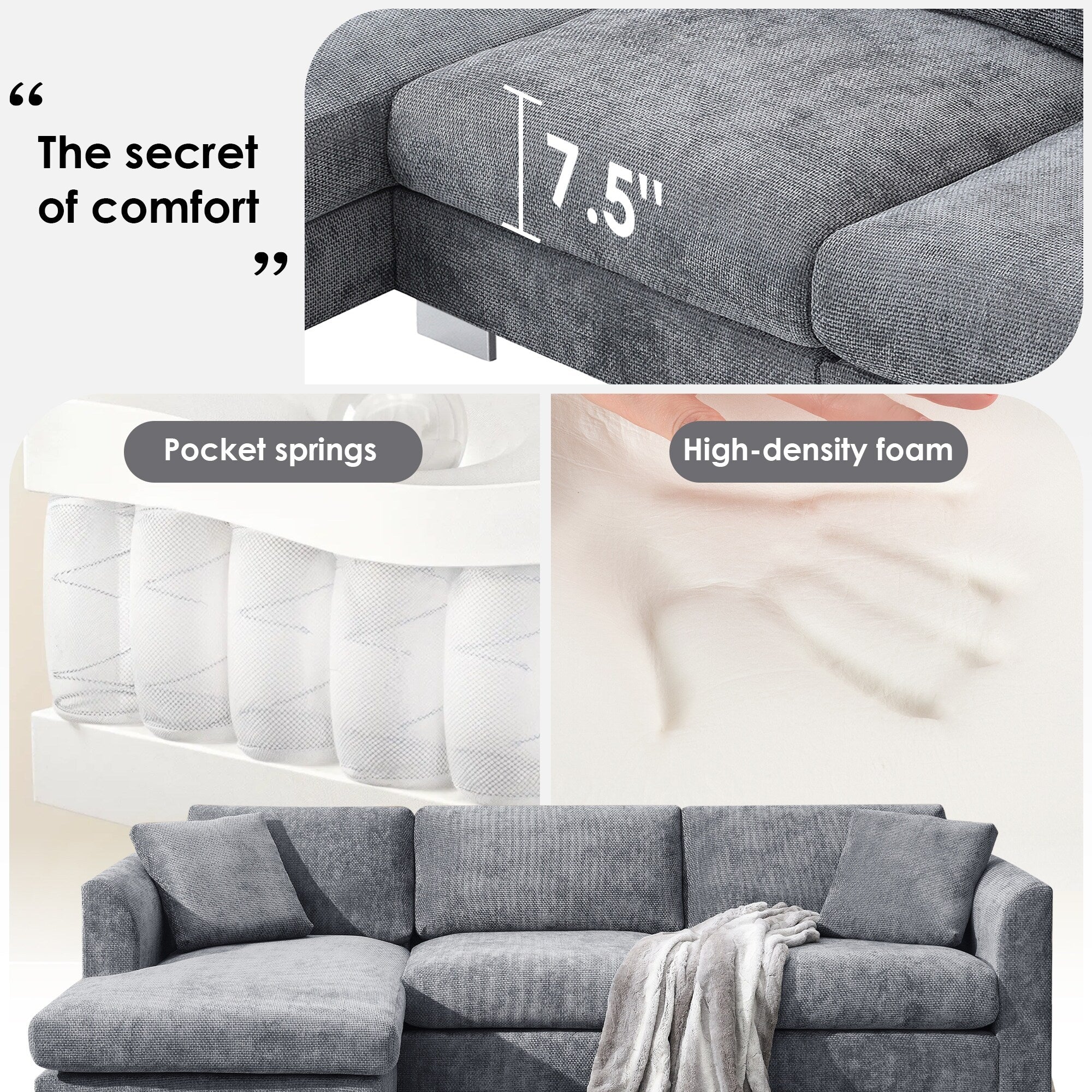 Canapé sectionnel Cloud, ensemble de canapés de luxe en forme de L avec 2 oreillers gratuits, mobilier d'intérieur 4 places en chenille avec méridienne surdimensionnée