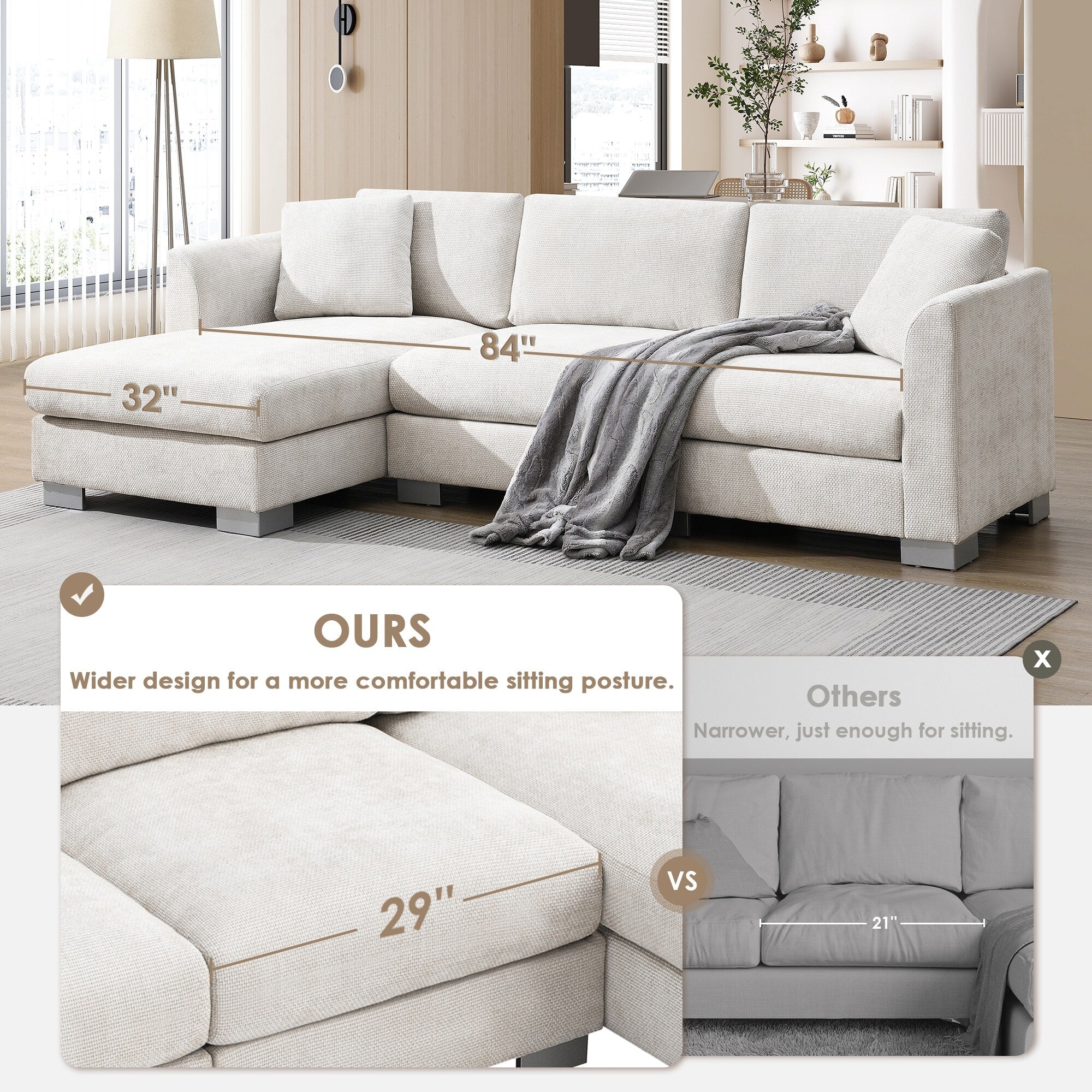 Canapé sectionnel Cloud, ensemble de canapés de luxe en forme de L avec 2 oreillers gratuits, mobilier d'intérieur 4 places en chenille avec méridienne surdimensionnée