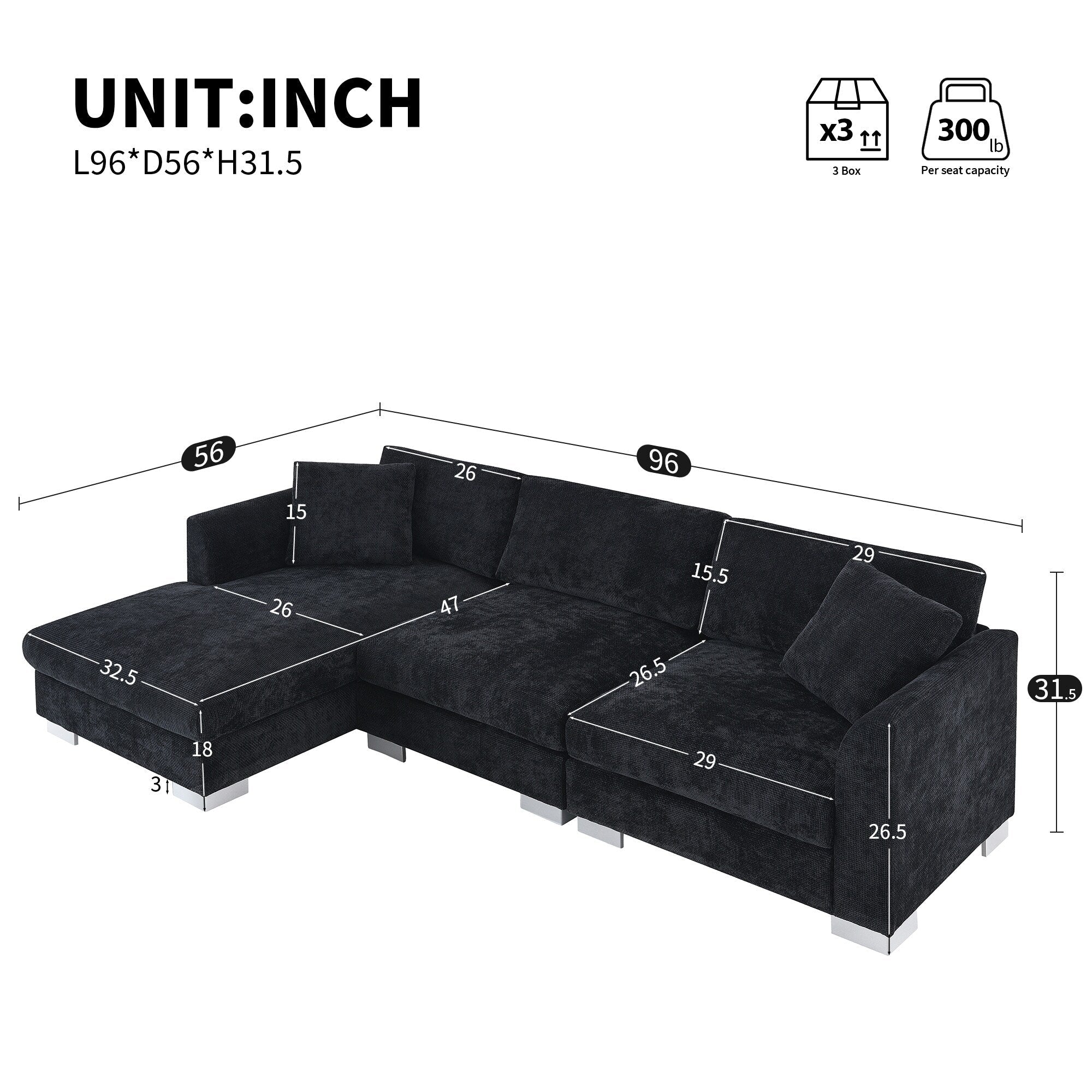 Canapé sectionnel Cloud, ensemble de canapés de luxe en forme de L avec 2 oreillers gratuits, mobilier d'intérieur 4 places en chenille avec méridienne surdimensionnée