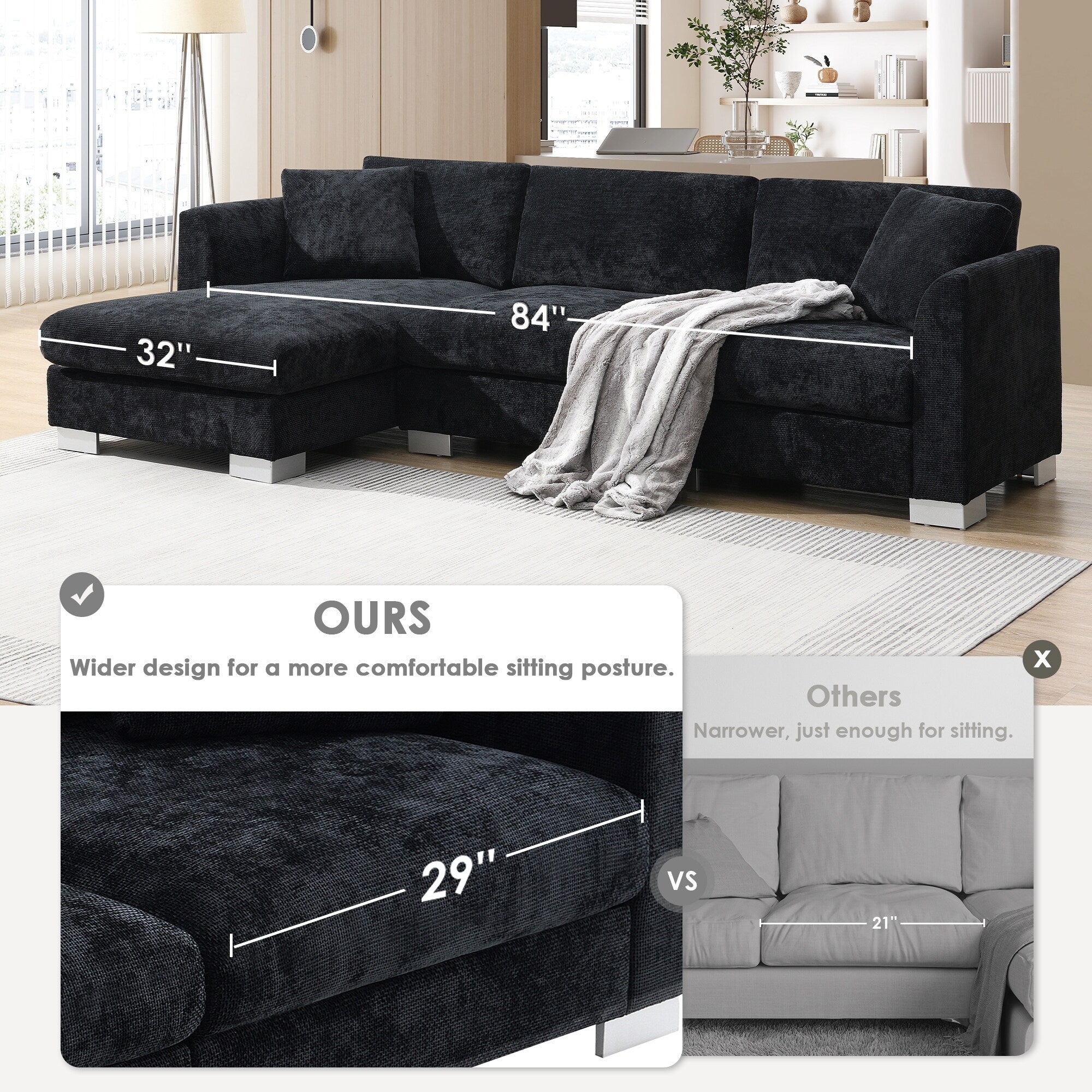 Canapé sectionnel Cloud, ensemble de canapés de luxe en forme de L avec 2 oreillers gratuits, mobilier d'intérieur 4 places en chenille avec méridienne surdimensionnée
