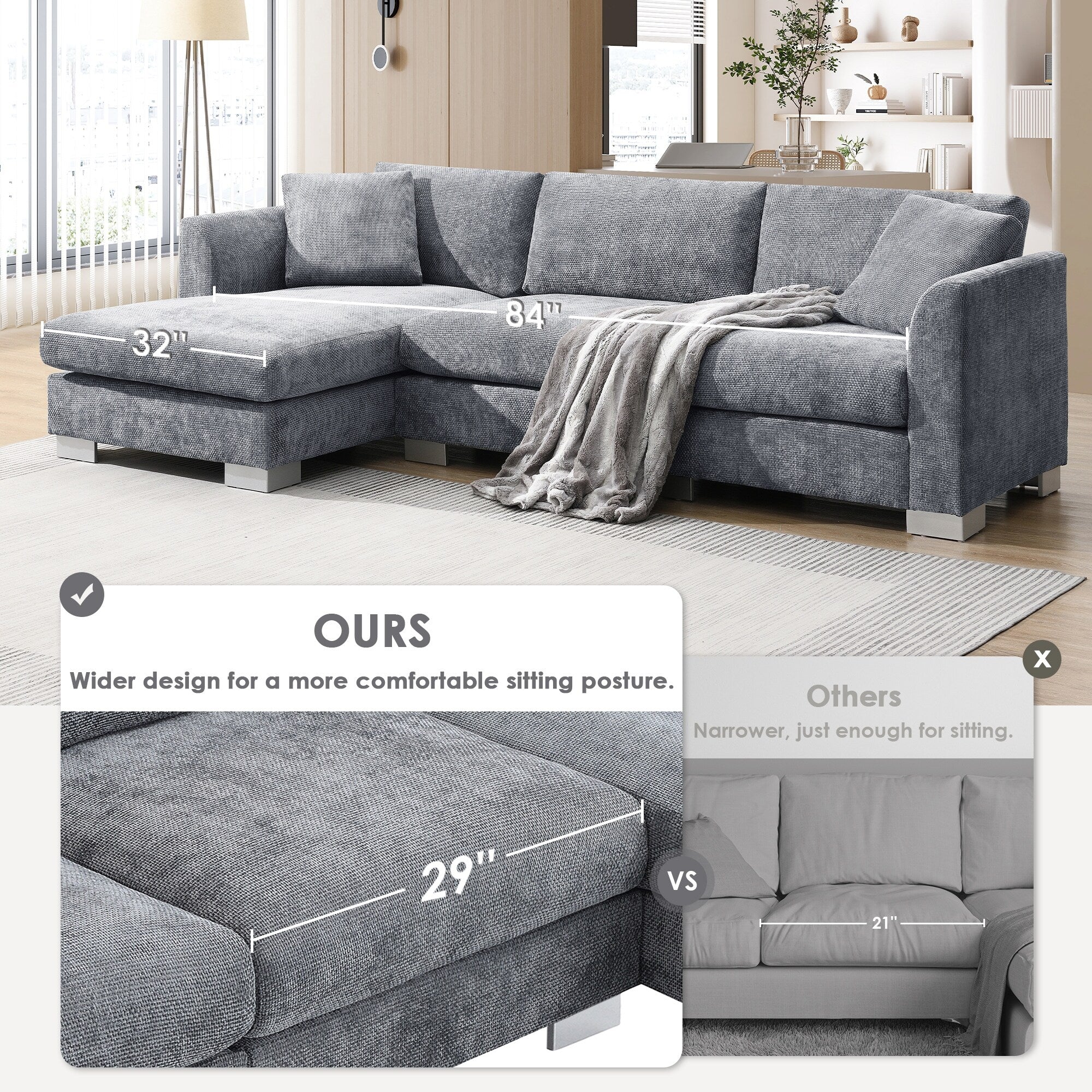 Canapé sectionnel Cloud, ensemble de canapés de luxe en forme de L avec 2 oreillers gratuits, mobilier d'intérieur 4 places en chenille avec méridienne surdimensionnée