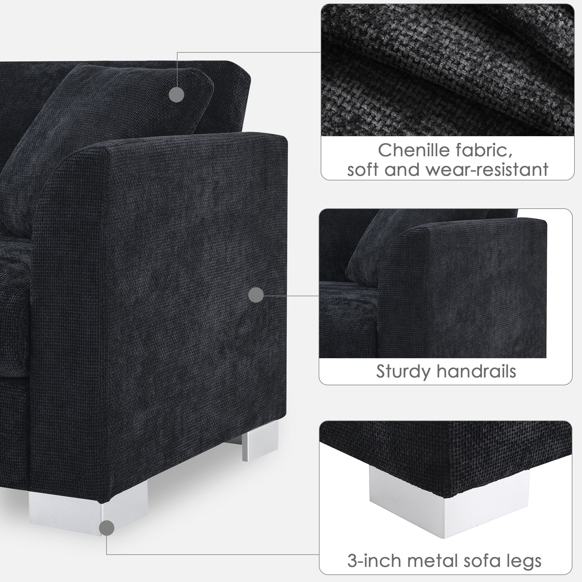 Canapé sectionnel Cloud, ensemble de canapés de luxe en forme de L avec 2 oreillers gratuits, mobilier d'intérieur 4 places en chenille avec méridienne surdimensionnée