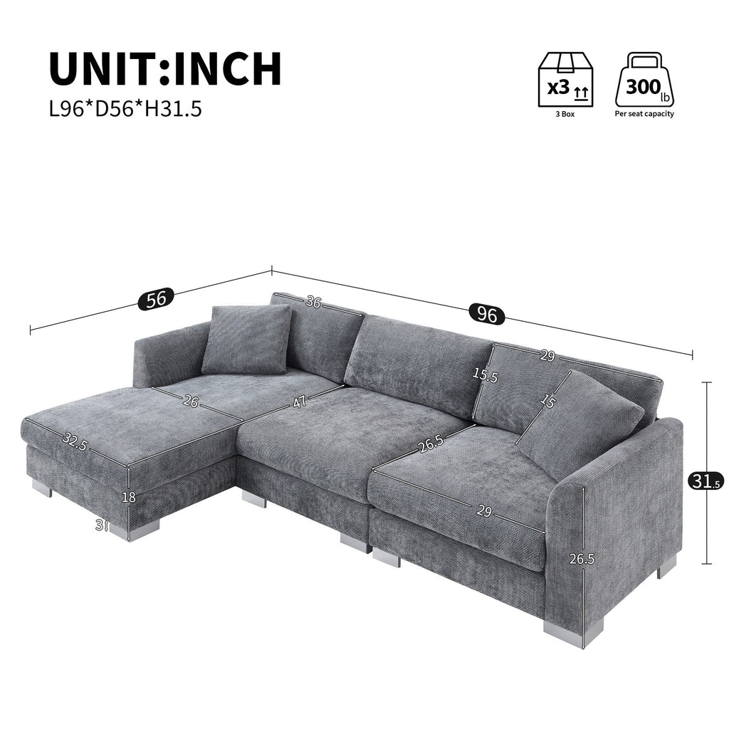 Canapé sectionnel Cloud, ensemble de canapés de luxe en forme de L avec 2 oreillers gratuits, mobilier d'intérieur 4 places en chenille avec méridienne surdimensionnée