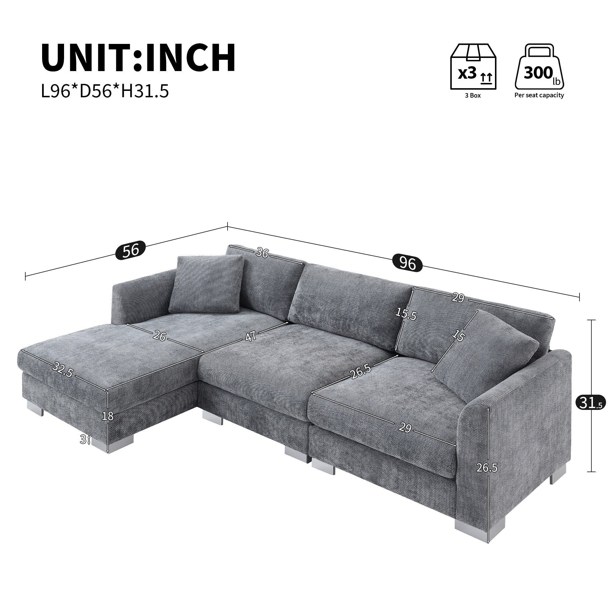 Canapé sectionnel Cloud, ensemble de canapés de luxe en forme de L avec 2 oreillers gratuits, mobilier d'intérieur 4 places en chenille avec méridienne surdimensionnée