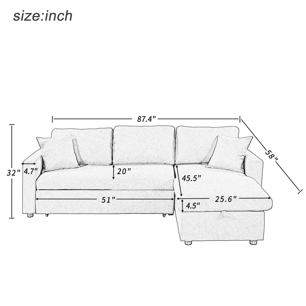 Canapé convertible en L avec lit gigogne et espace de rangement, 2 coussins d'appoint