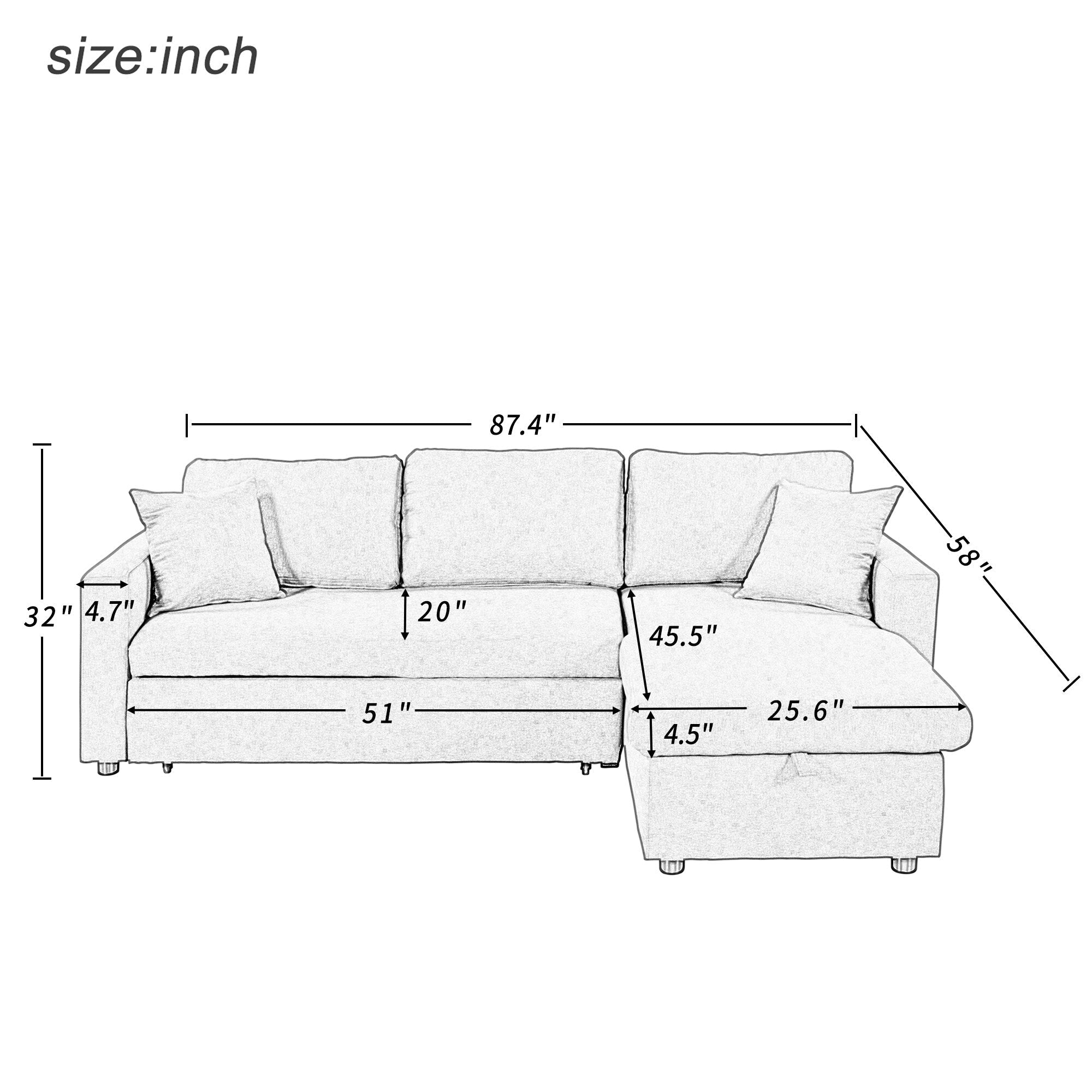 Canapé convertible en L avec lit gigogne et espace de rangement, 2 coussins d'appoint