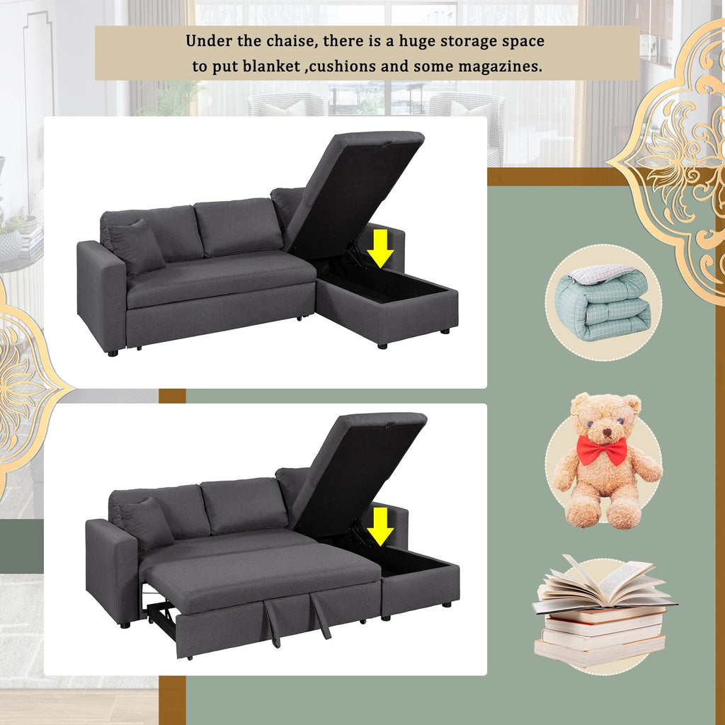 Canapé convertible en L avec lit gigogne et espace de rangement, 2 coussins d'appoint