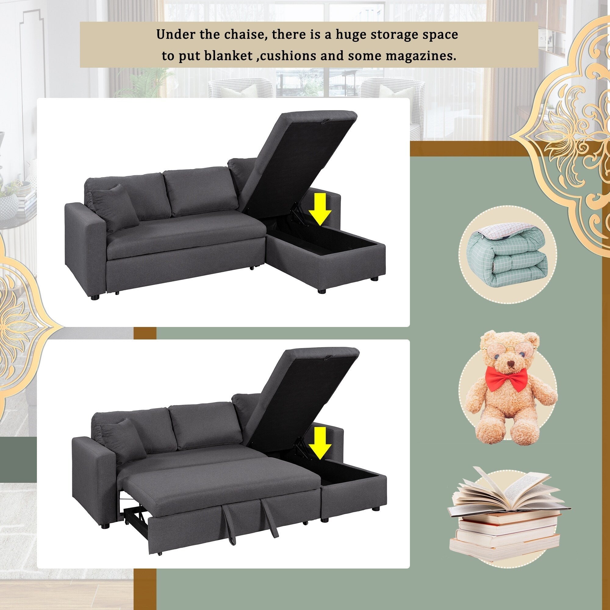 Canapé convertible en L avec lit gigogne et espace de rangement, 2 coussins d'appoint