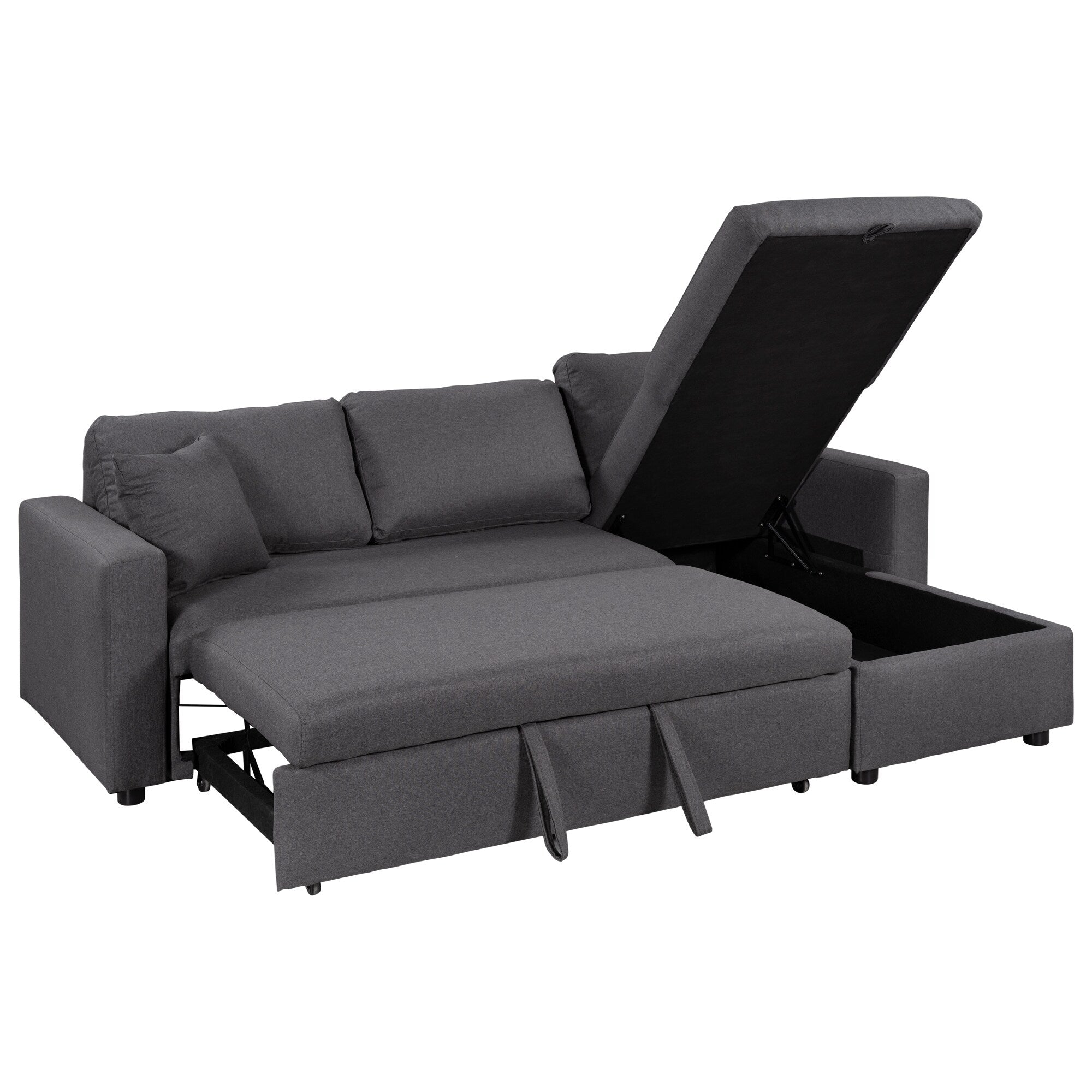 Canapé convertible en L avec lit gigogne et espace de rangement, 2 coussins d'appoint