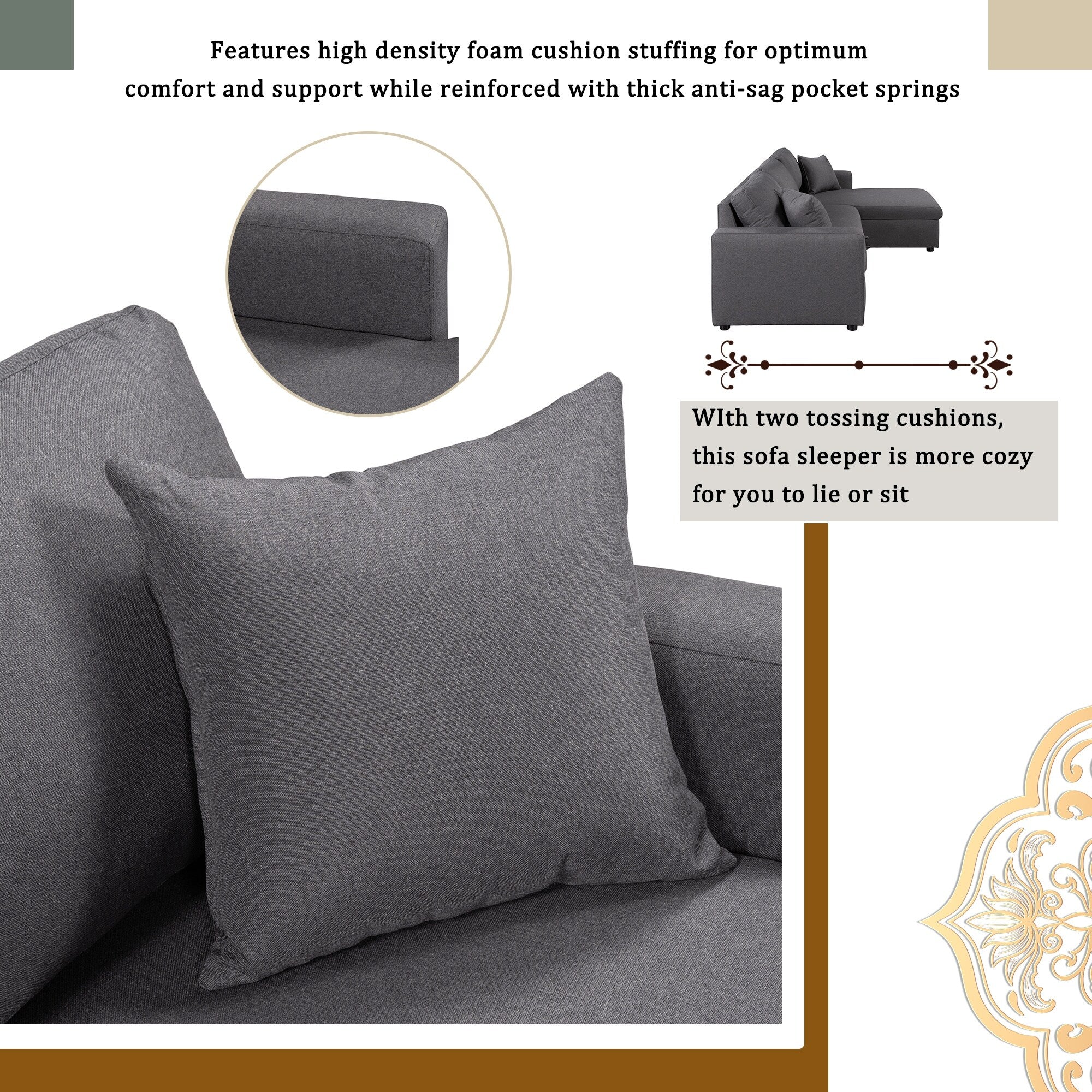 Canapé convertible en L avec lit gigogne et espace de rangement, 2 coussins d'appoint