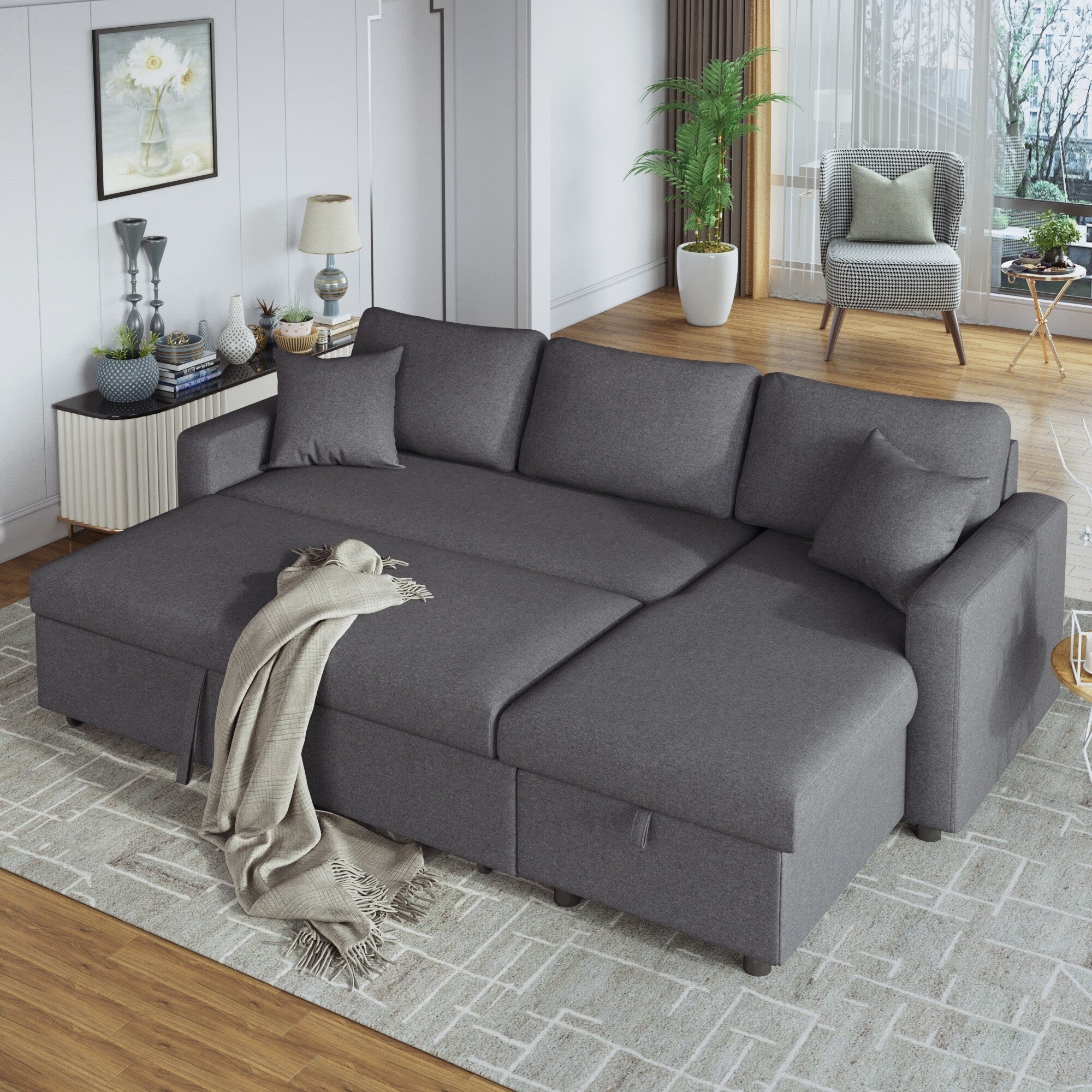 Canapé convertible en L avec lit gigogne et espace de rangement, 2 coussins d'appoint