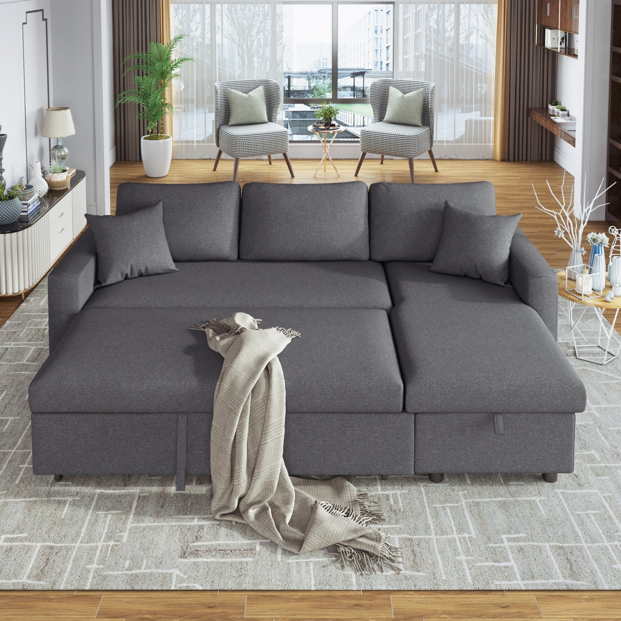 Canapé convertible en L avec lit gigogne et espace de rangement, 2 coussins d'appoint