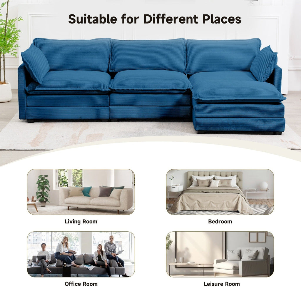 Canapé sectionnel en velours côtelé avec poufs amovibles et coussins ultra-doux pour salon et chambre