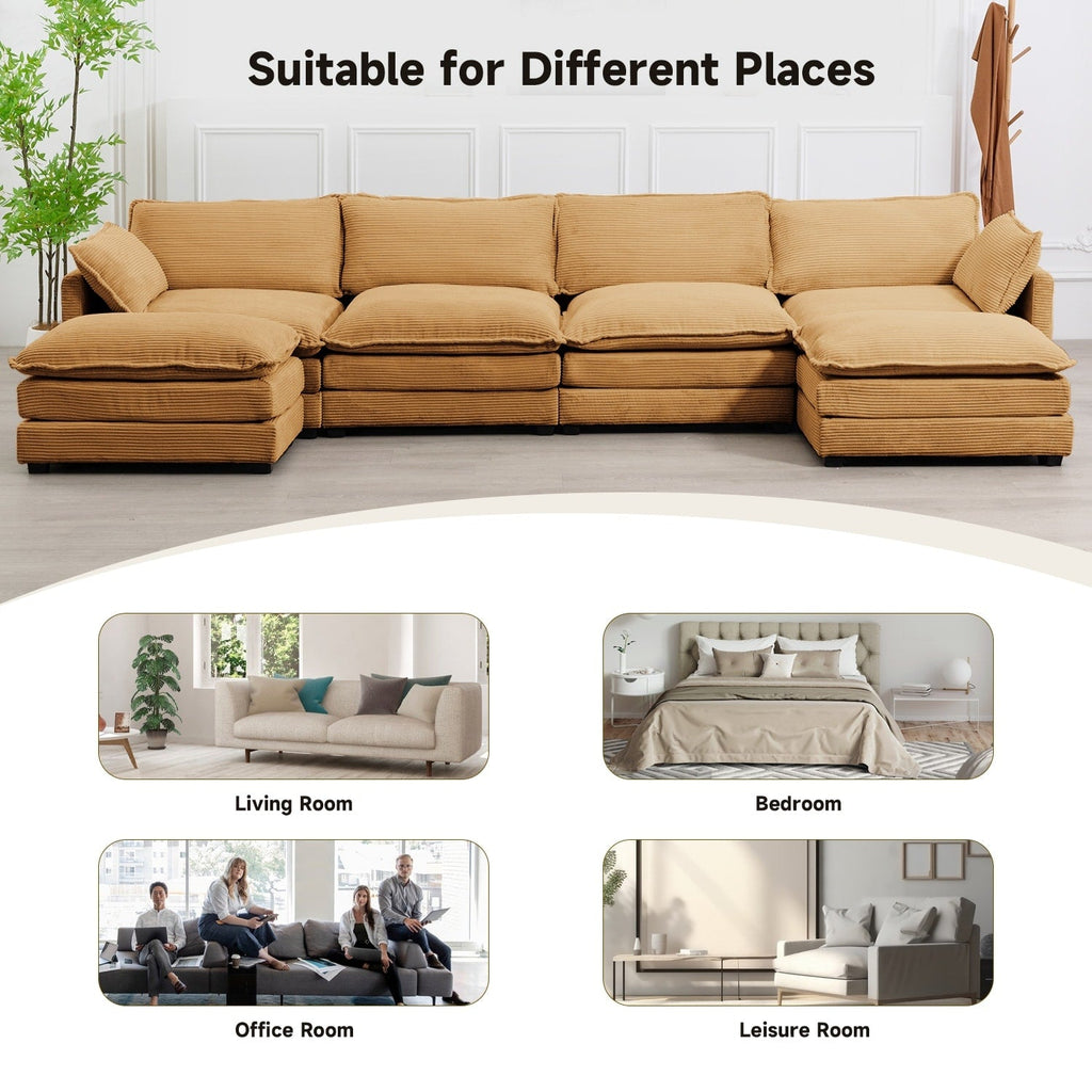 Canapé sectionnel en velours côtelé avec poufs amovibles et coussins ultra-doux pour salon et chambre