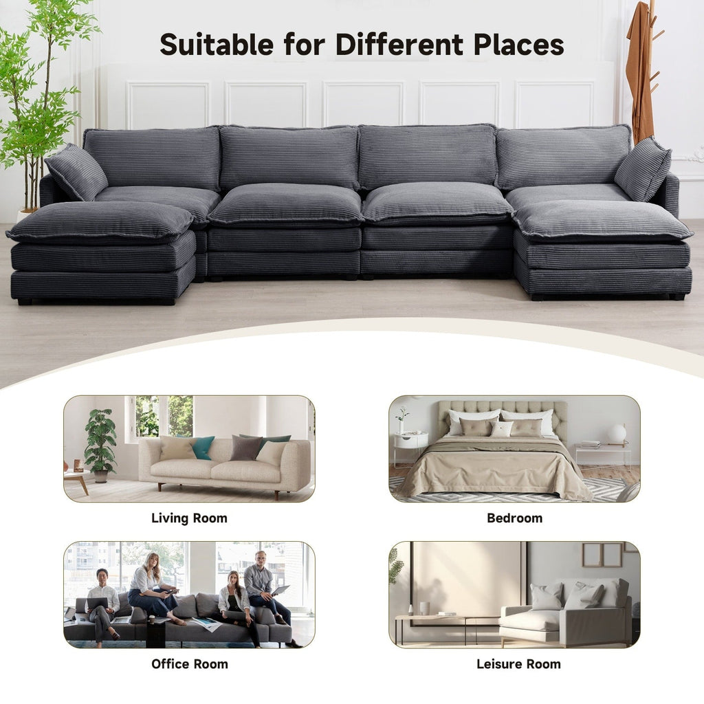 Canapé sectionnel en velours côtelé avec poufs amovibles et coussins ultra-doux pour salon et chambre