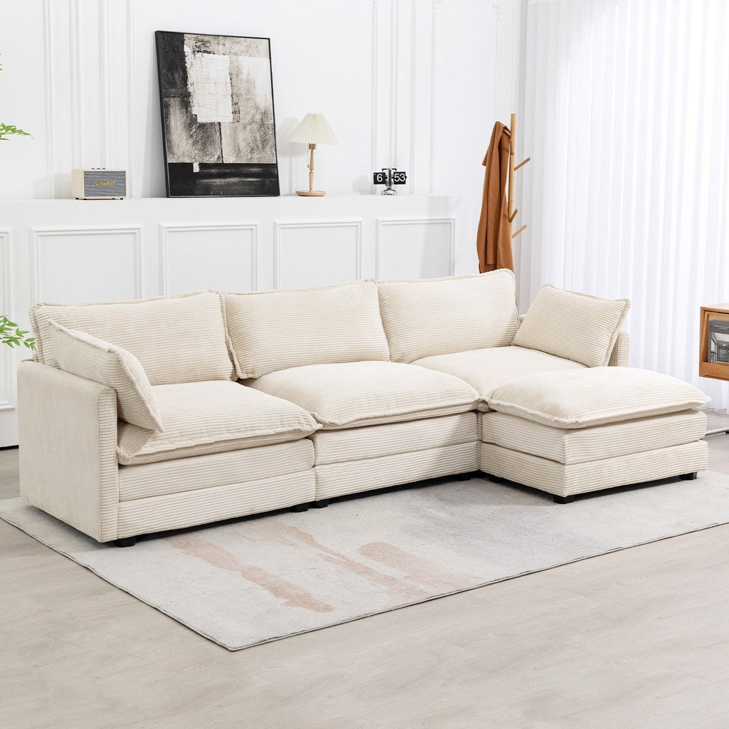 Canapé sectionnel en velours côtelé avec poufs amovibles et coussins ultra-doux pour salon et chambre