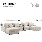 Canapé sectionnel en velours côtelé avec haut-parleurs Bluetooth, chargeur USB, porte-gobelets, rangement, pouf, assise profonde et large