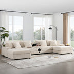 Canapé sectionnel en velours côtelé avec haut-parleurs Bluetooth, chargeur USB, porte-gobelets, rangement, pouf, assise profonde et large
