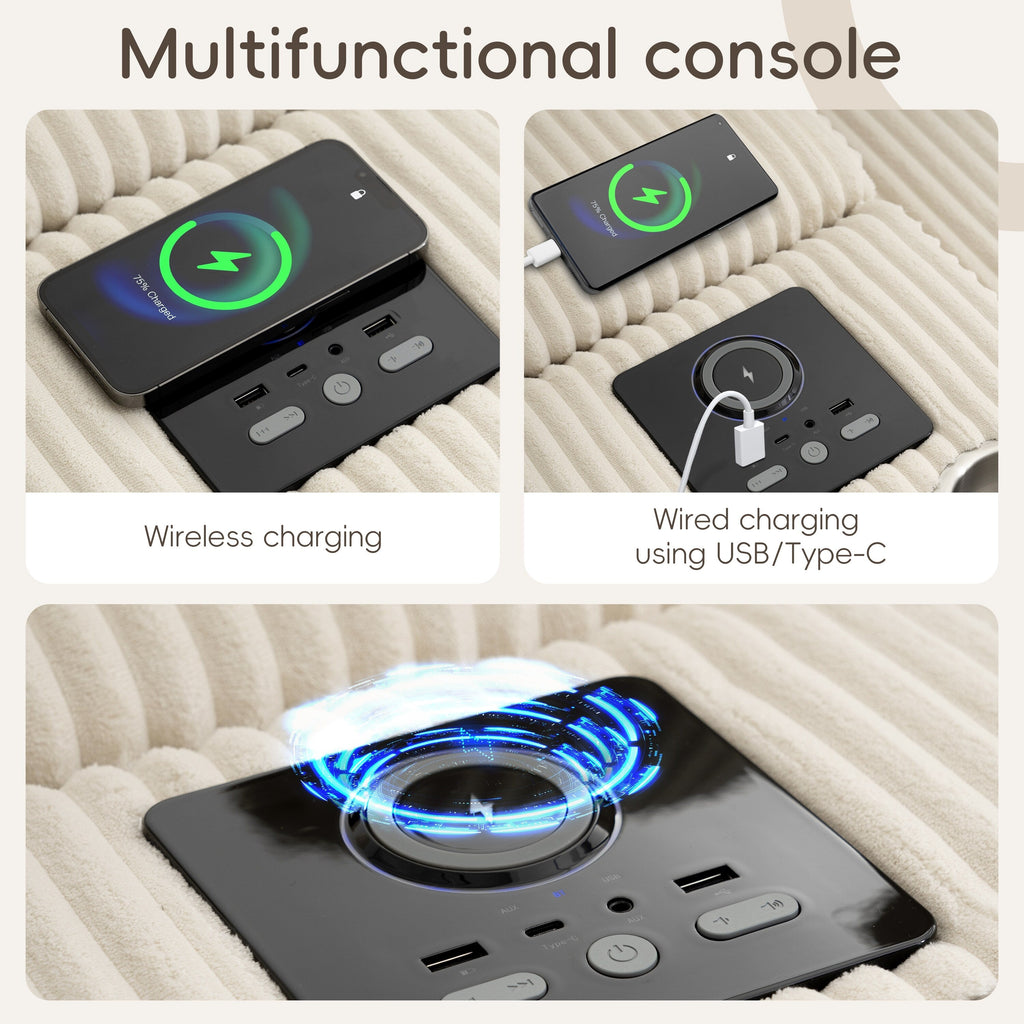 Canapé sectionnel en velours côtelé avec haut-parleurs Bluetooth, chargeur USB, porte-gobelets, rangement, pouf, assise profonde et large