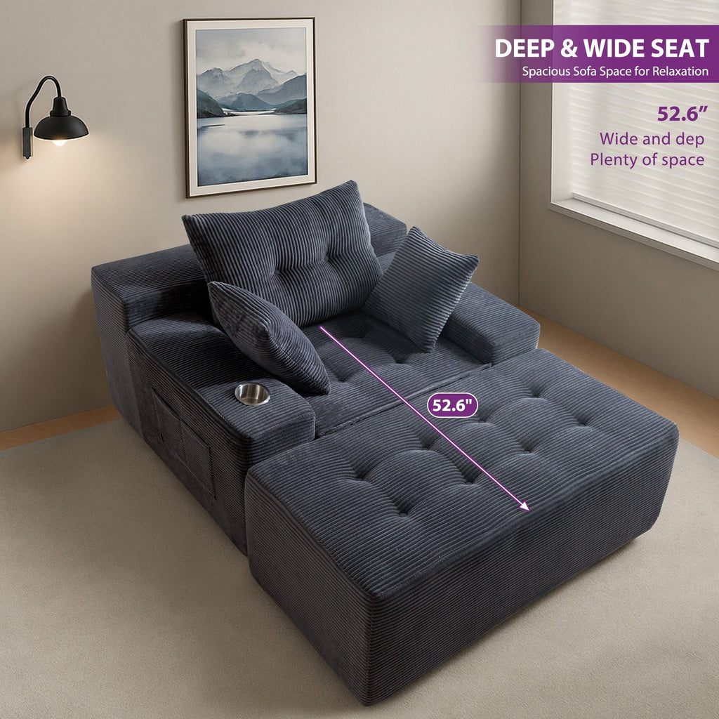 Canapé pouf rembourré en velours côtelé et mousse à mémoire de forme avec pouf - 48,4 L x 67,7 l x 24,4 H