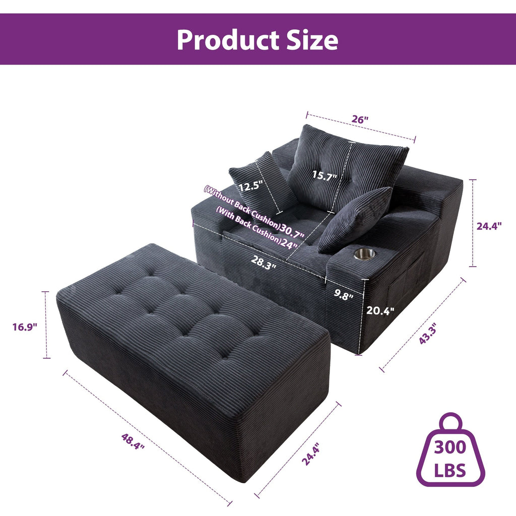Canapé pouf rembourré en velours côtelé et mousse à mémoire de forme avec pouf - 48,4 L x 67,7 l x 24,4 H