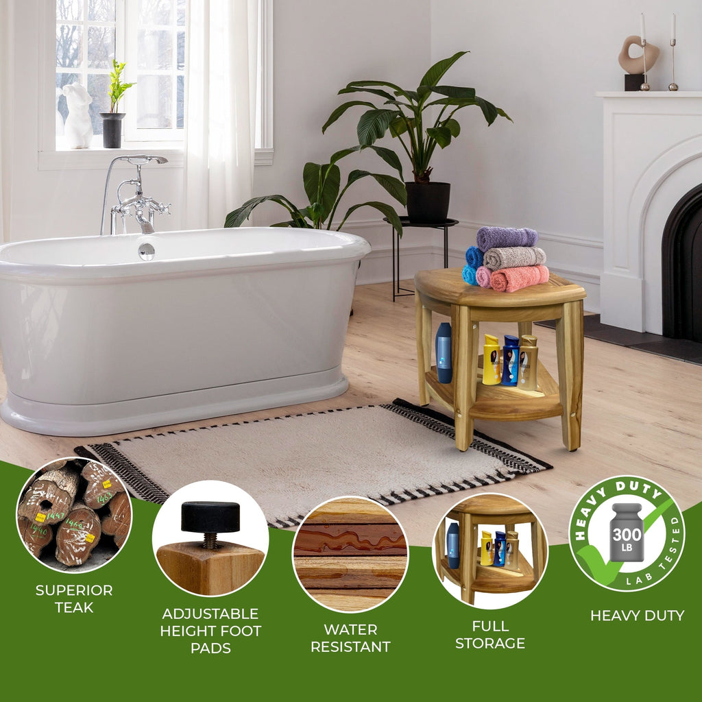 EcoDecors, Banc de douche élégant en teck, Tabouret de douche en teck, Tabouret d'angle, Banc de douche d'angle en teck, Avec étagère