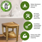 EcoDecors, Banc de douche élégant en teck, Tabouret de douche en teck, Tabouret d'angle, Banc de douche d'angle en teck, Avec étagère