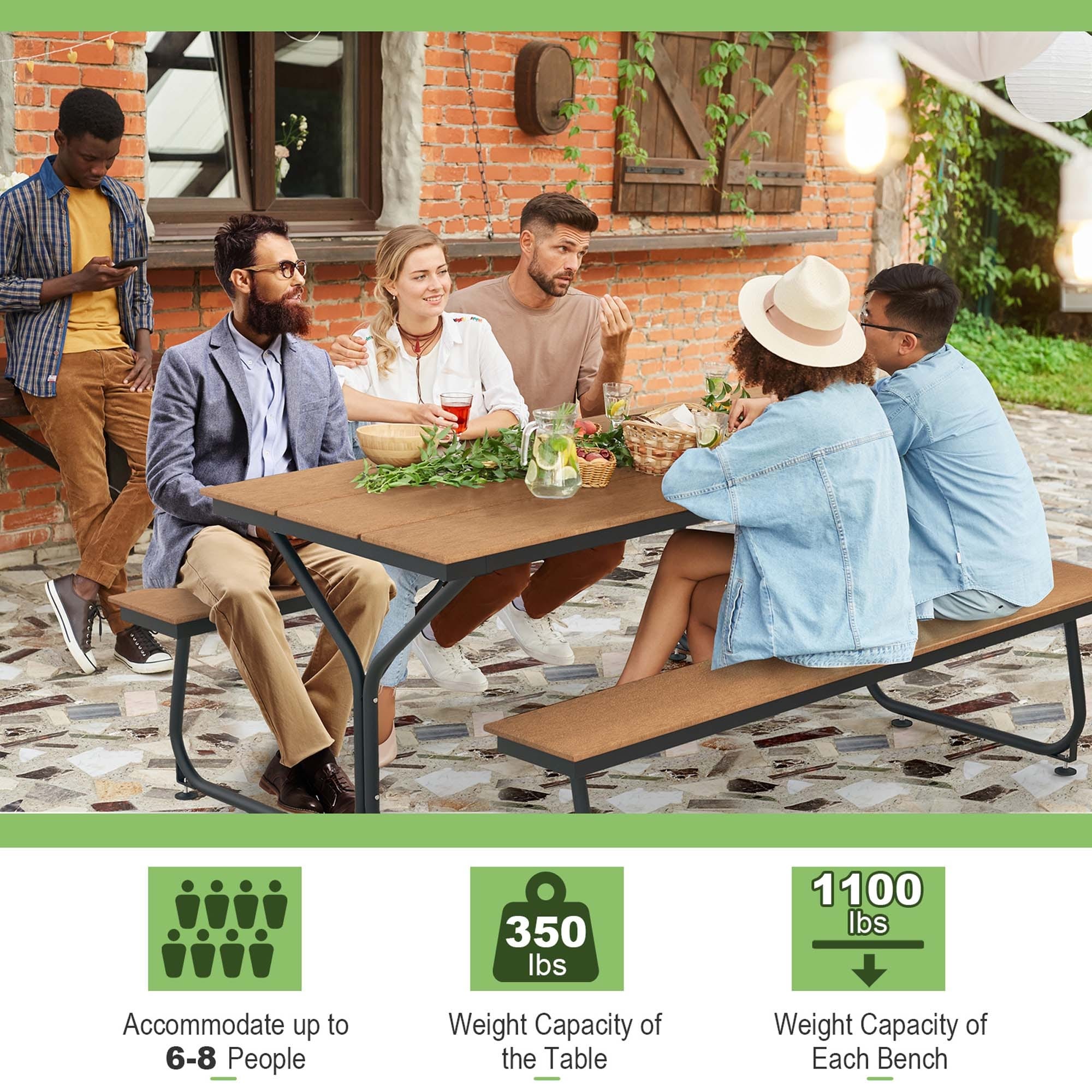 Ensemble table de pique-nique et banc Costway 6 pieds en PEHD robuste pour extérieur - Voir les détails