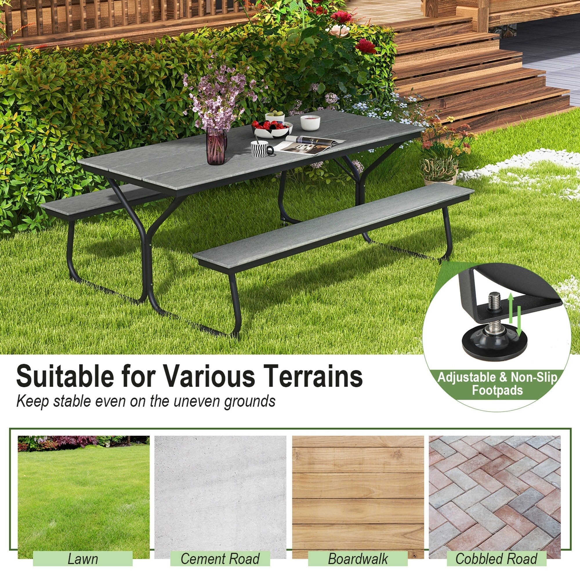 Ensemble table de pique-nique et banc Costway 6 pieds en PEHD robuste pour extérieur - Voir les détails