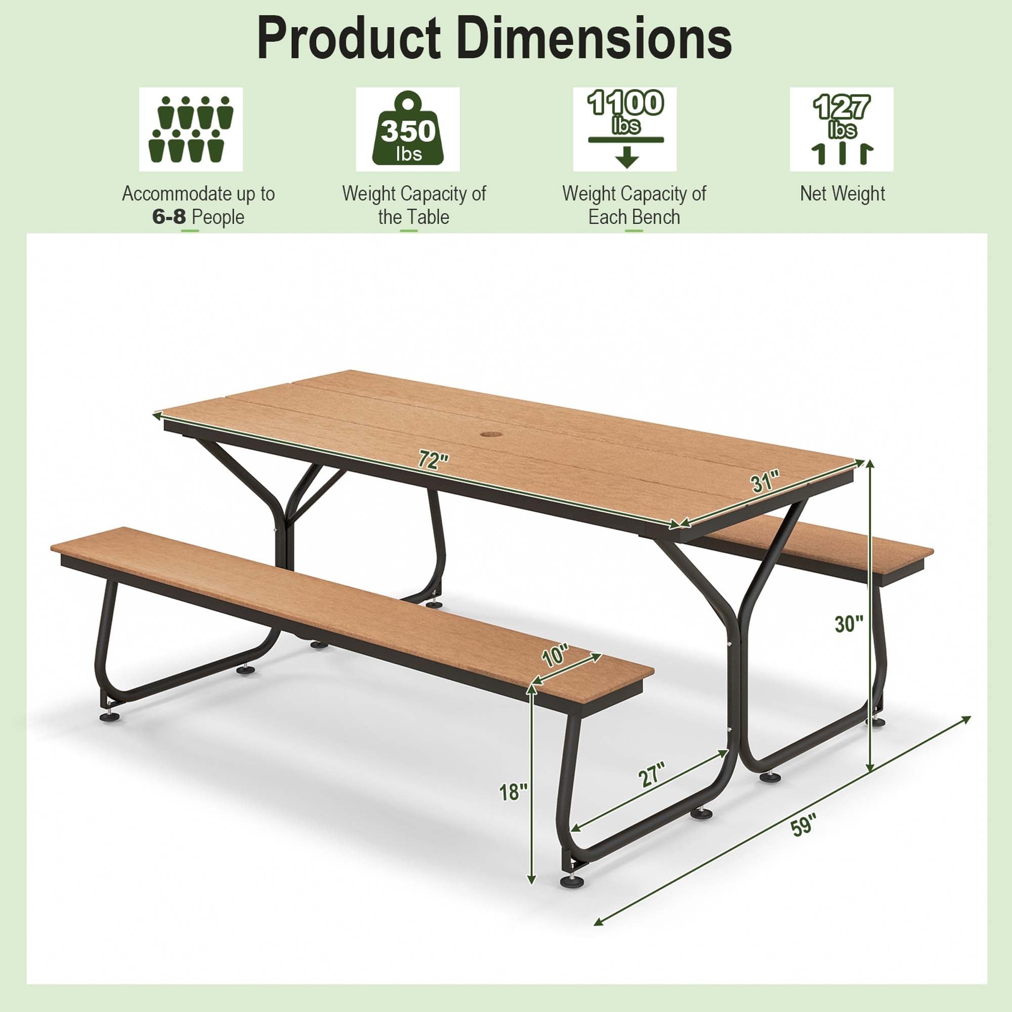 Ensemble table de pique-nique et banc Costway 6 pieds en PEHD robuste pour extérieur - Voir les détails