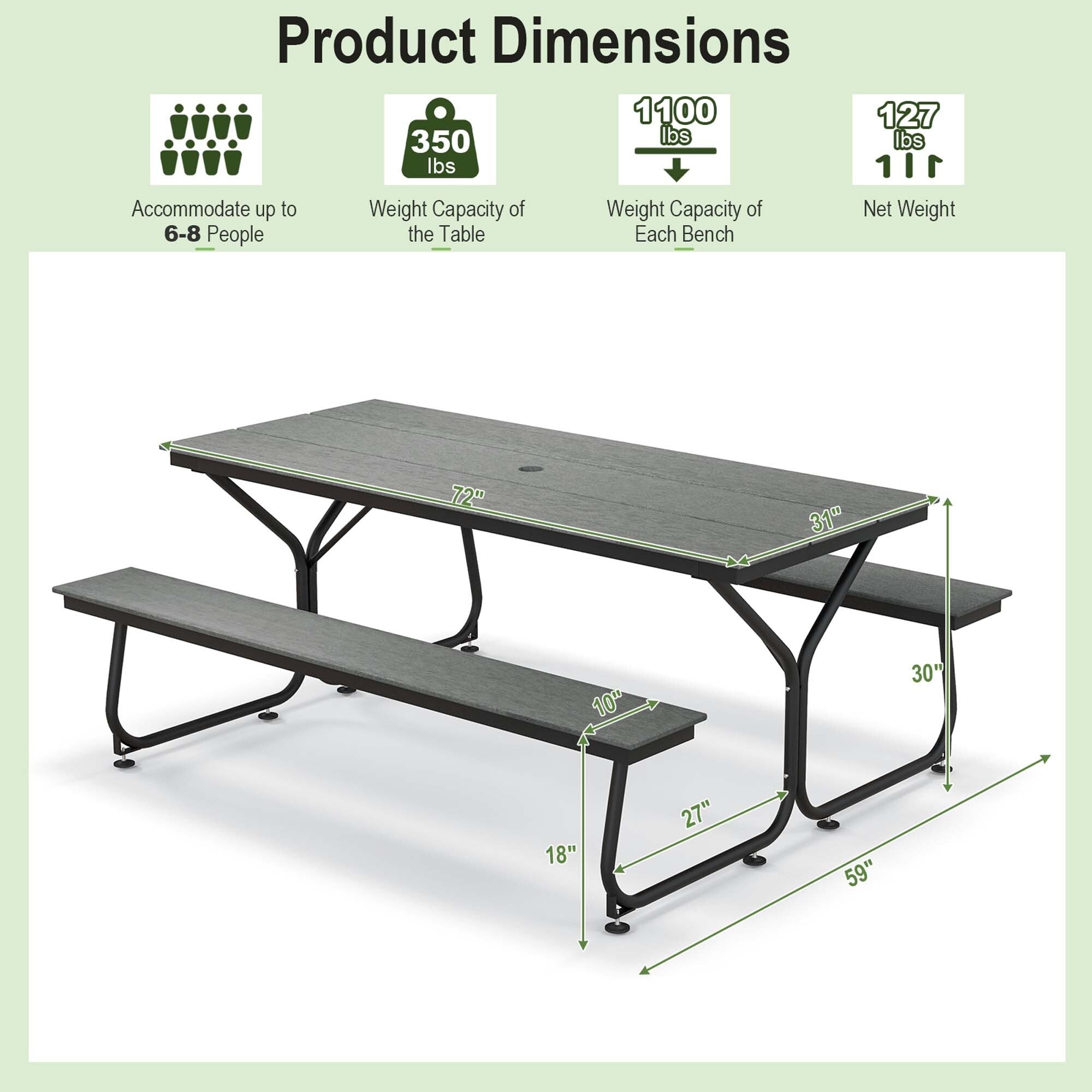 Ensemble table de pique-nique et banc Costway 6 pieds en PEHD robuste pour extérieur - Voir les détails