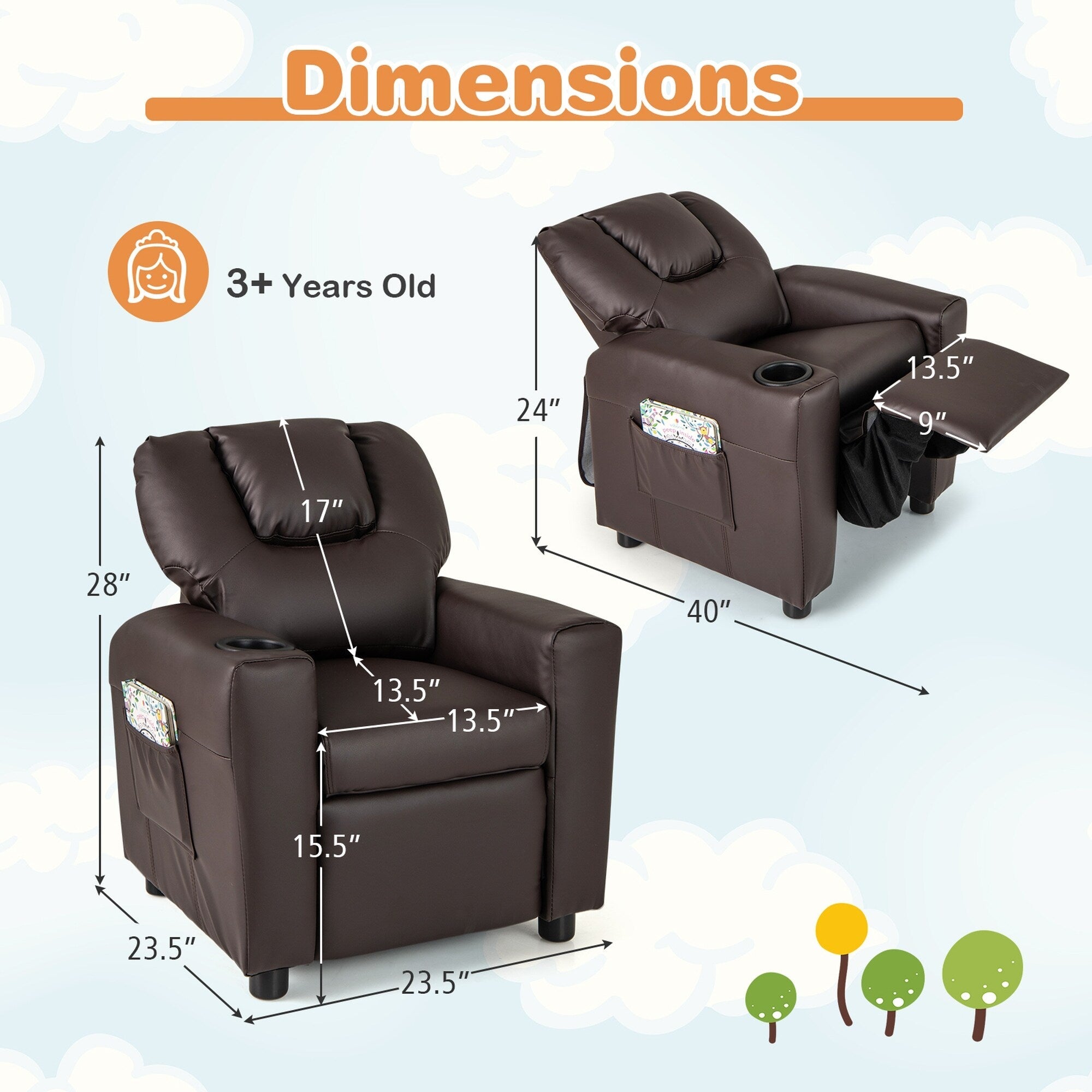 Fauteuil inclinable pour enfants Costway avec porte-gobelet et poche latérale réglable