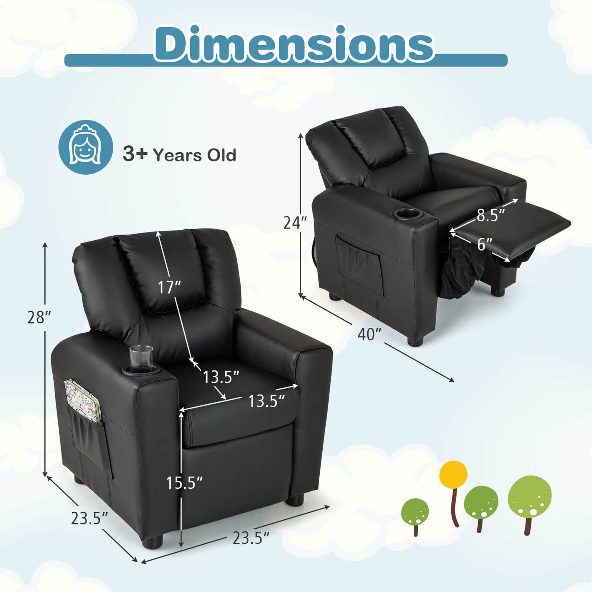 Fauteuil inclinable pour enfants Costway avec porte-gobelet et poche latérale réglable