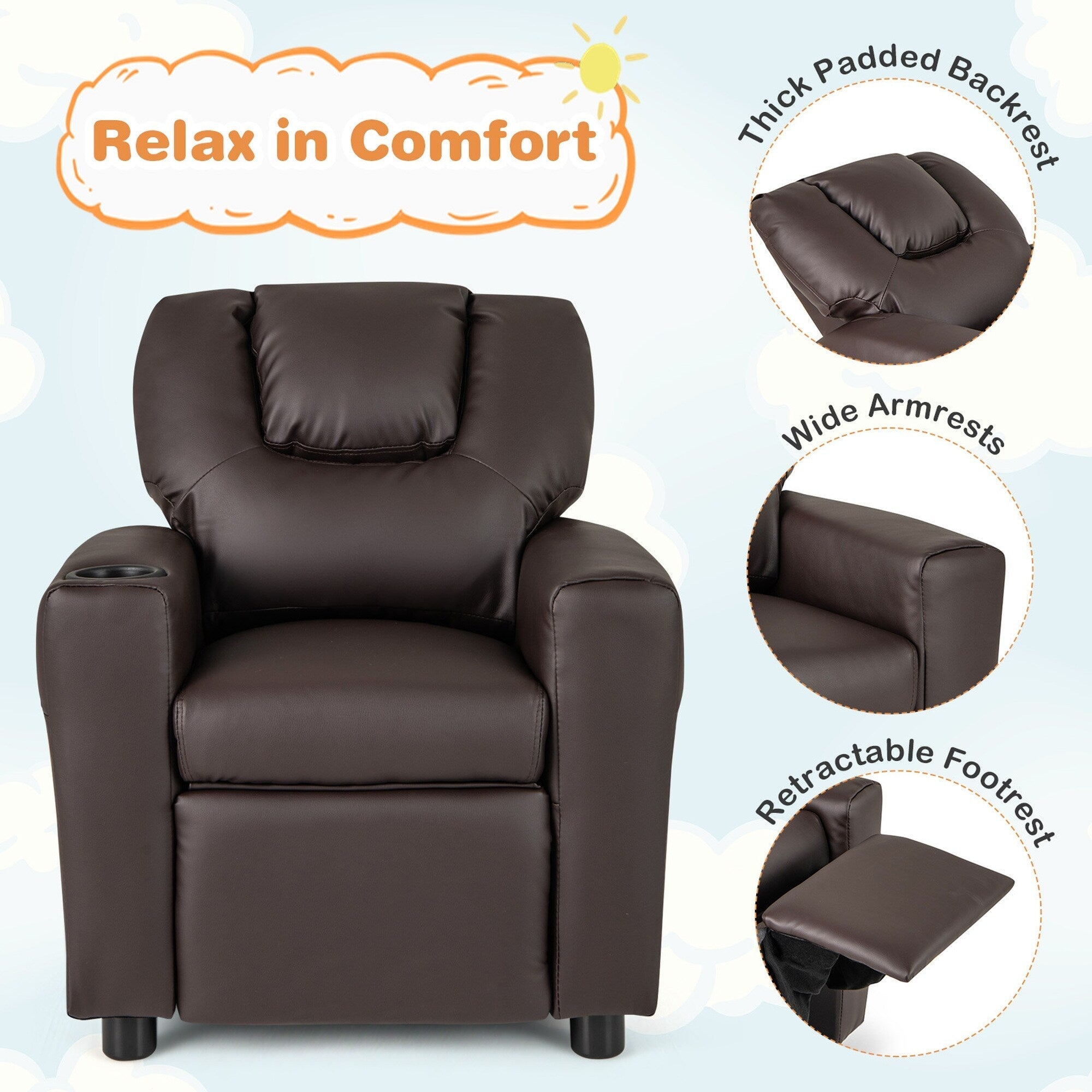Fauteuil inclinable pour enfants Costway avec porte-gobelet et poche latérale réglable