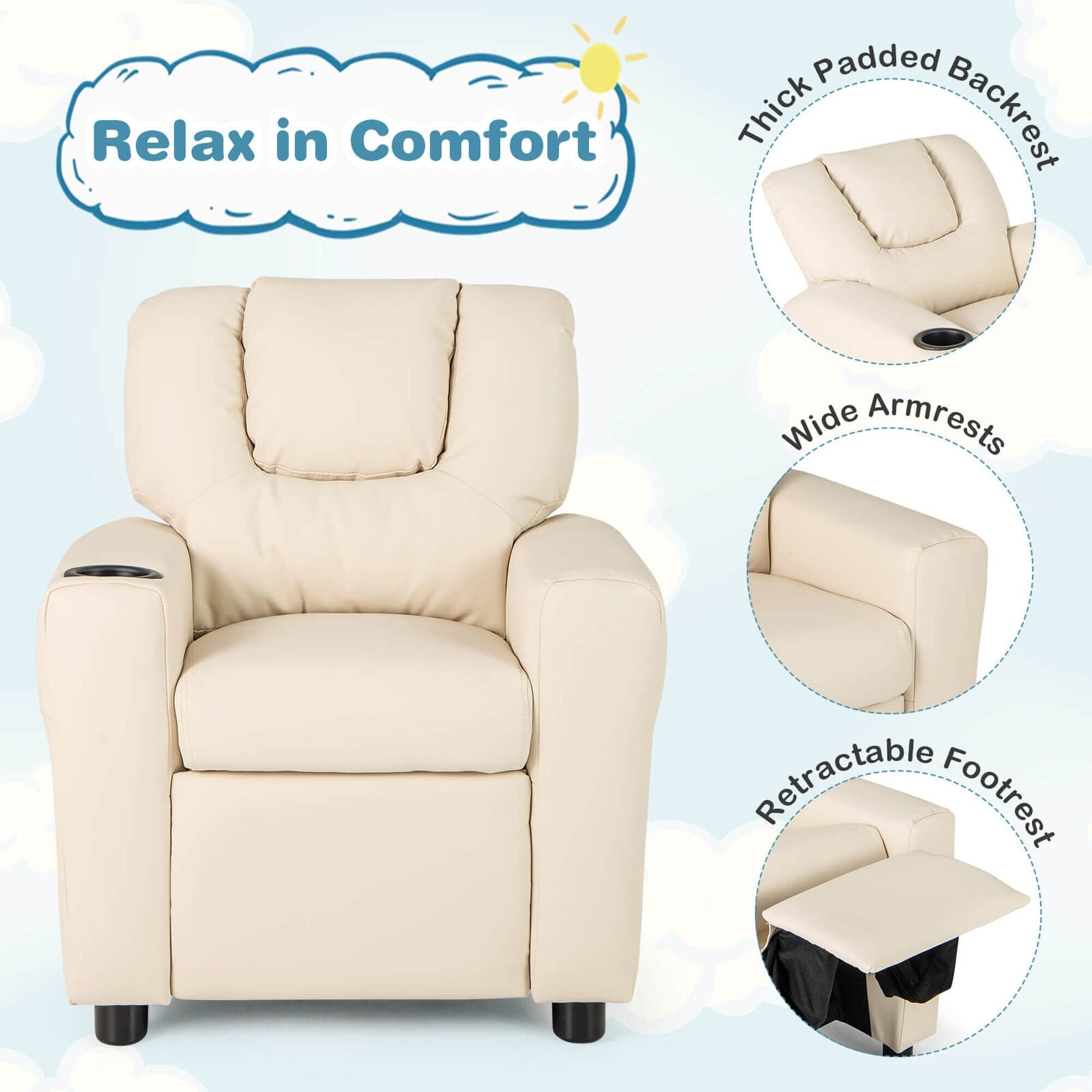 Fauteuil inclinable pour enfants Costway avec porte-gobelet et poche latérale réglable
