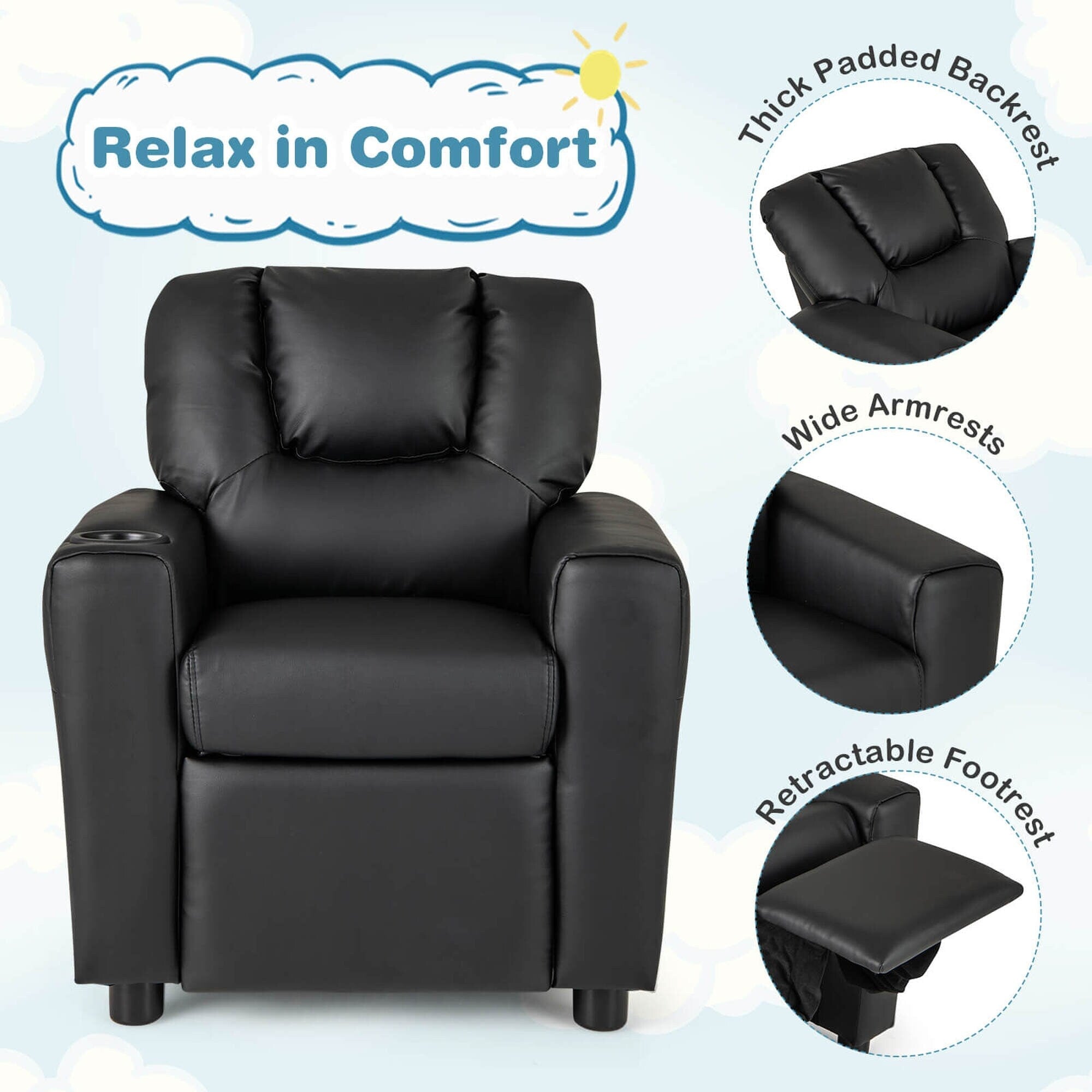 Fauteuil inclinable pour enfants Costway avec porte-gobelet et poche latérale réglable