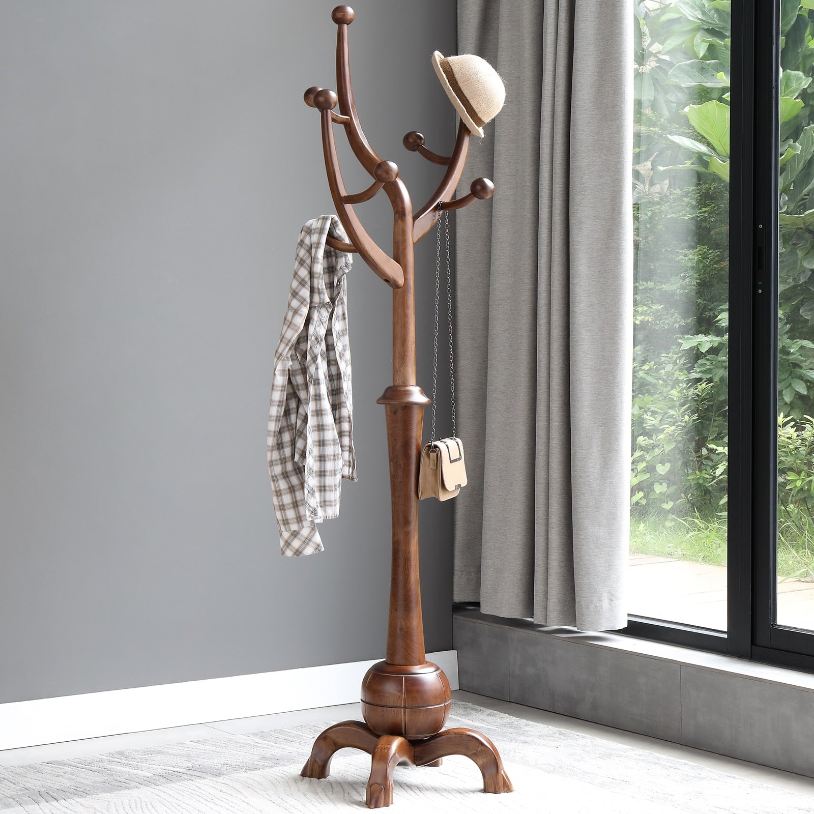 Porte-manteau autoportant en bois d'hévéa avec 8 crochets - 24,5 L x 70,87 H