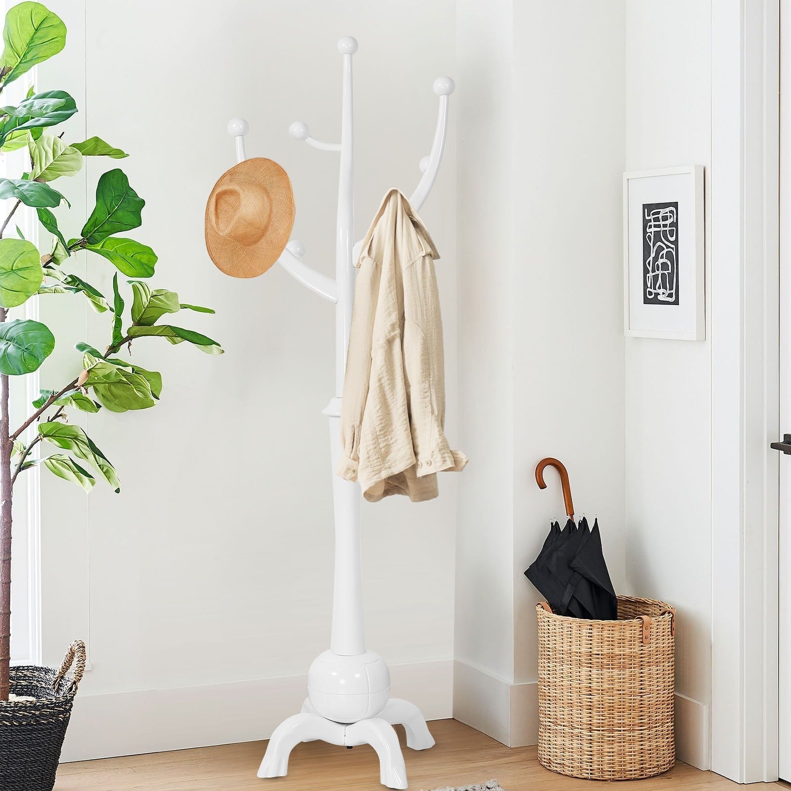 Porte-manteau autoportant en bois d'hévéa avec 8 crochets - 24,5 L x 70,87 H