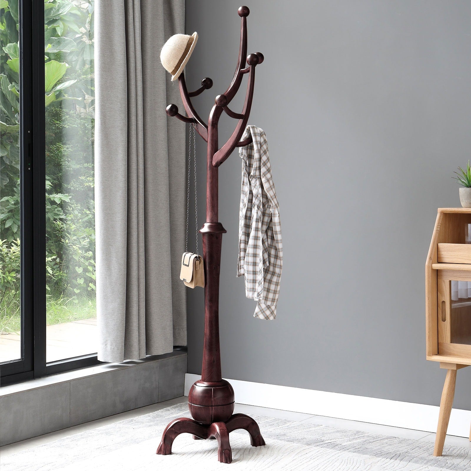 Porte-manteau autoportant en bois d'hévéa avec 8 crochets - 24,5 L x 70,87 H