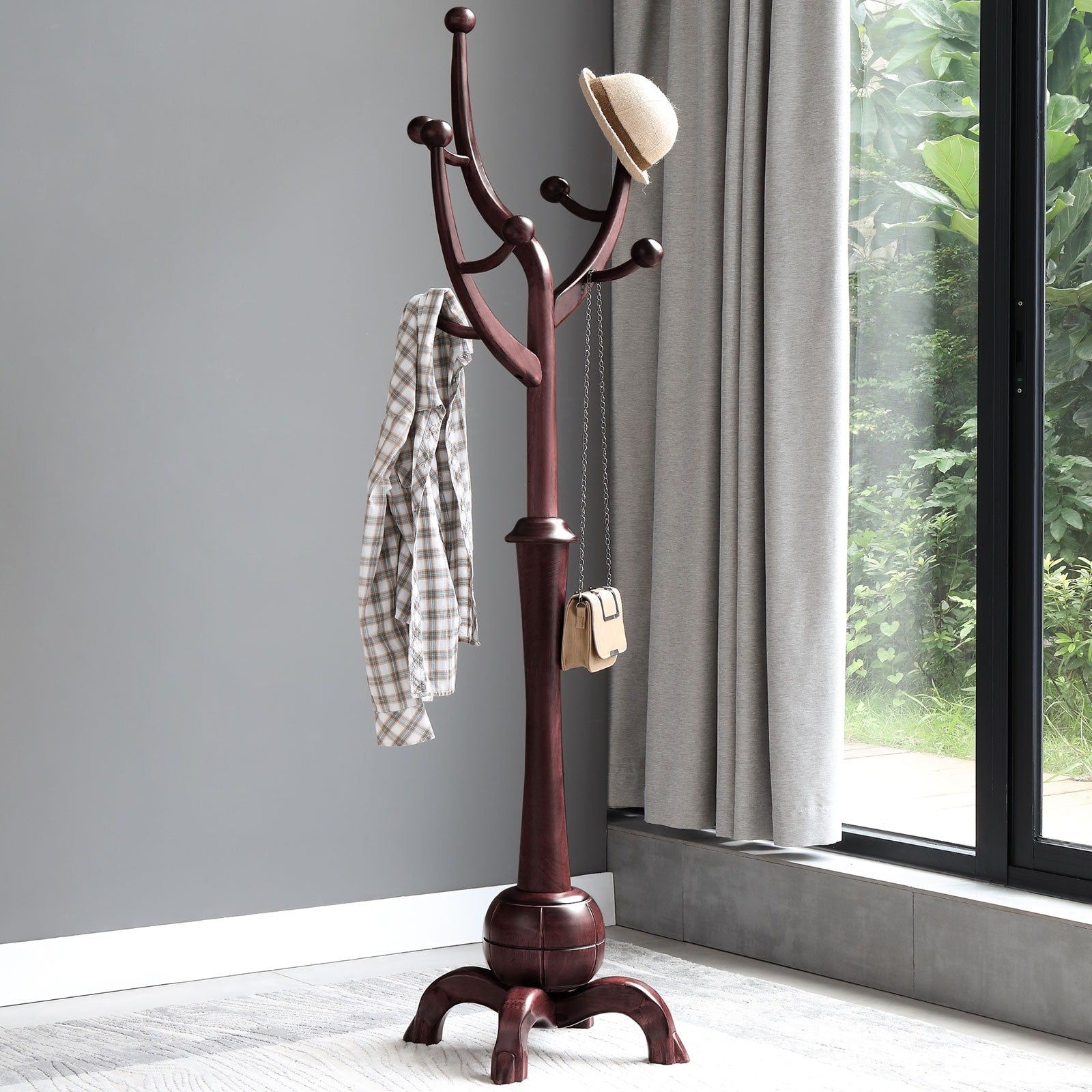 Porte-manteau autoportant en bois d'hévéa avec 8 crochets - 24,5 L x 70,87 H