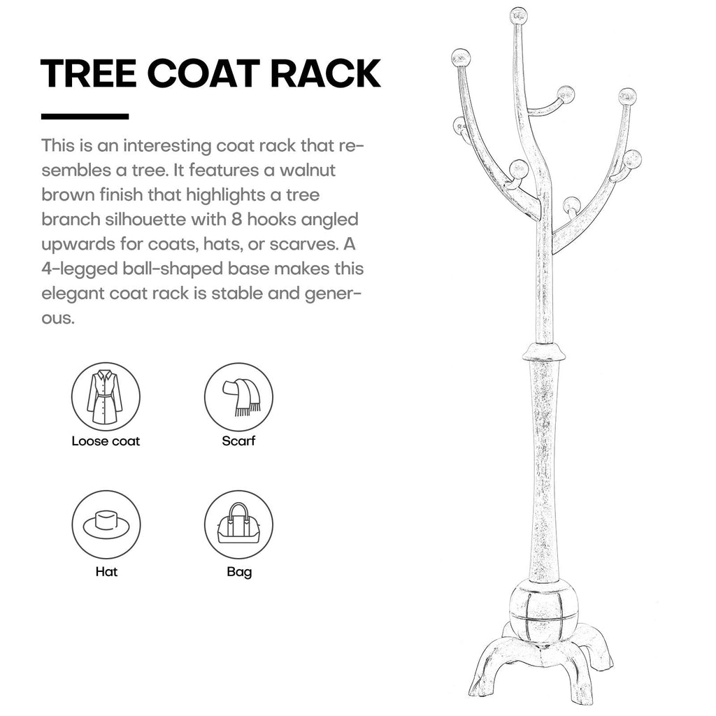 Porte-manteau autoportant en bois d'hévéa avec 8 crochets - 24,5 L x 70,87 H