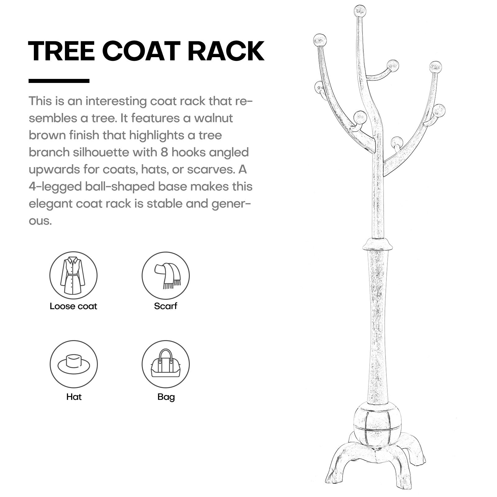 Porte-manteau autoportant en bois d'hévéa avec 8 crochets - 24,5 L x 70,87 H