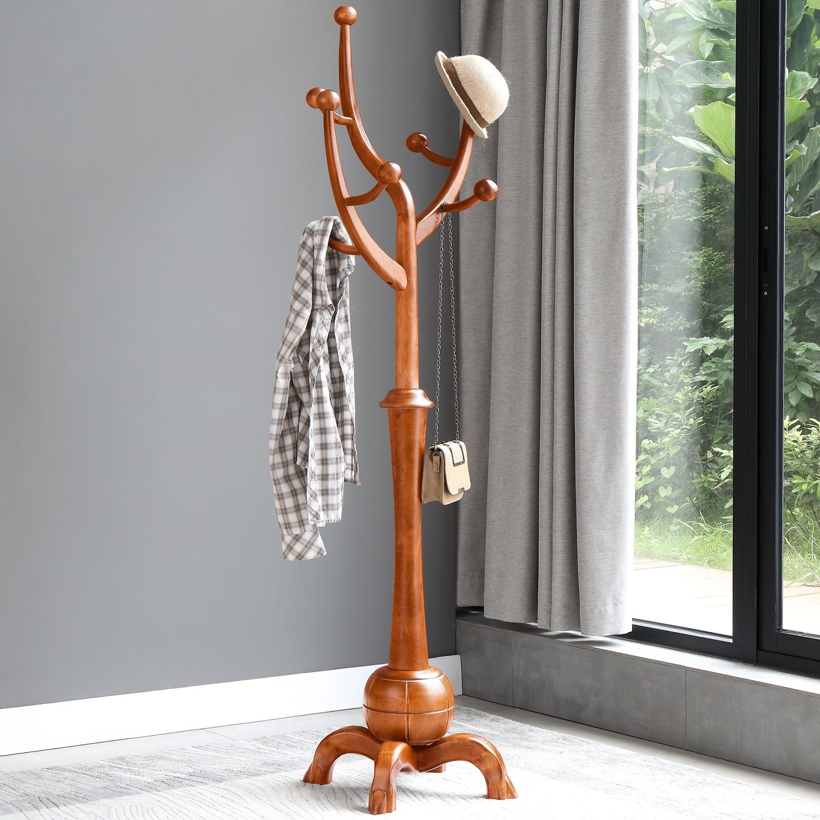 Porte-manteau autoportant en bois d'hévéa avec 8 crochets - 24,5 L x 70,87 H