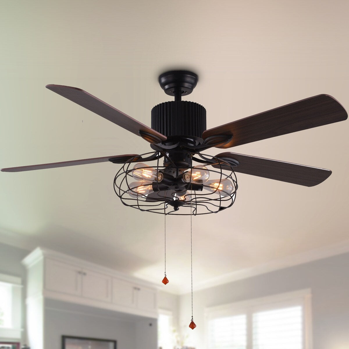 Ventilateur de plafond industriel CurveCurio Farmhouse noir à 5 lumières avec éclairage, télécommande et chaîne de traction 42-48-52 pouces